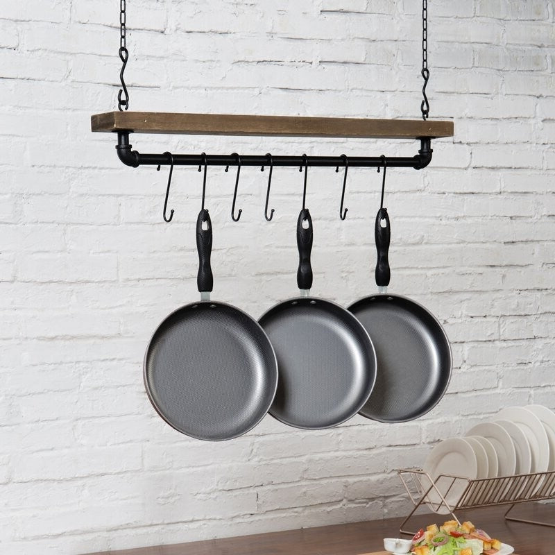 FarmHome Rustic Industrial 8 S-Hooks Ceiling Mounted Hanging Pot Rack with pans displayed in a kitchen setting.