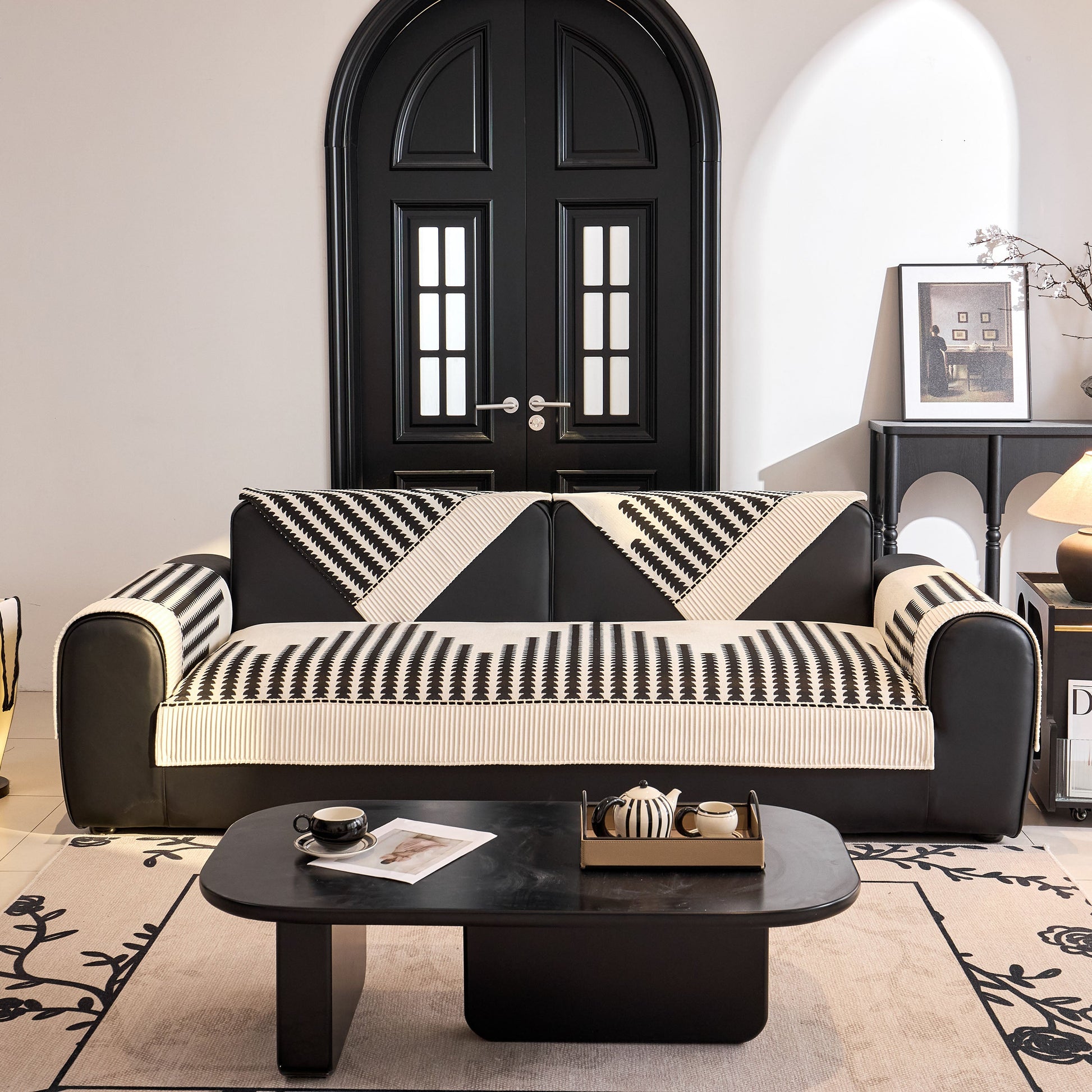Vertical Stripes Sectional Sofa Cover Slipcover - Non-Slip, Fits L-Shape Couches on modern sofa in stylish living room.