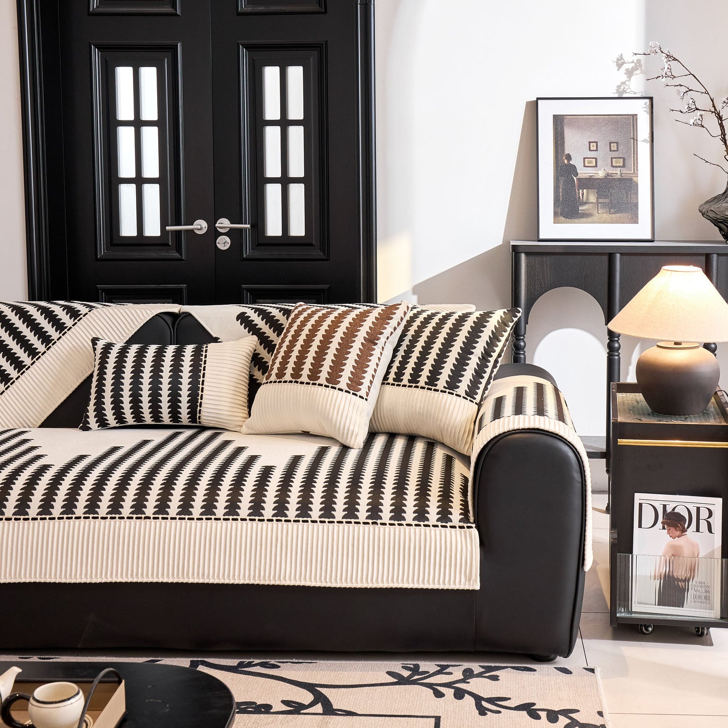 Vertical Stripes Sectional Sofa Cover Slipcover - Non-Slip, Fits L-Shape Couches in living room setting with decor