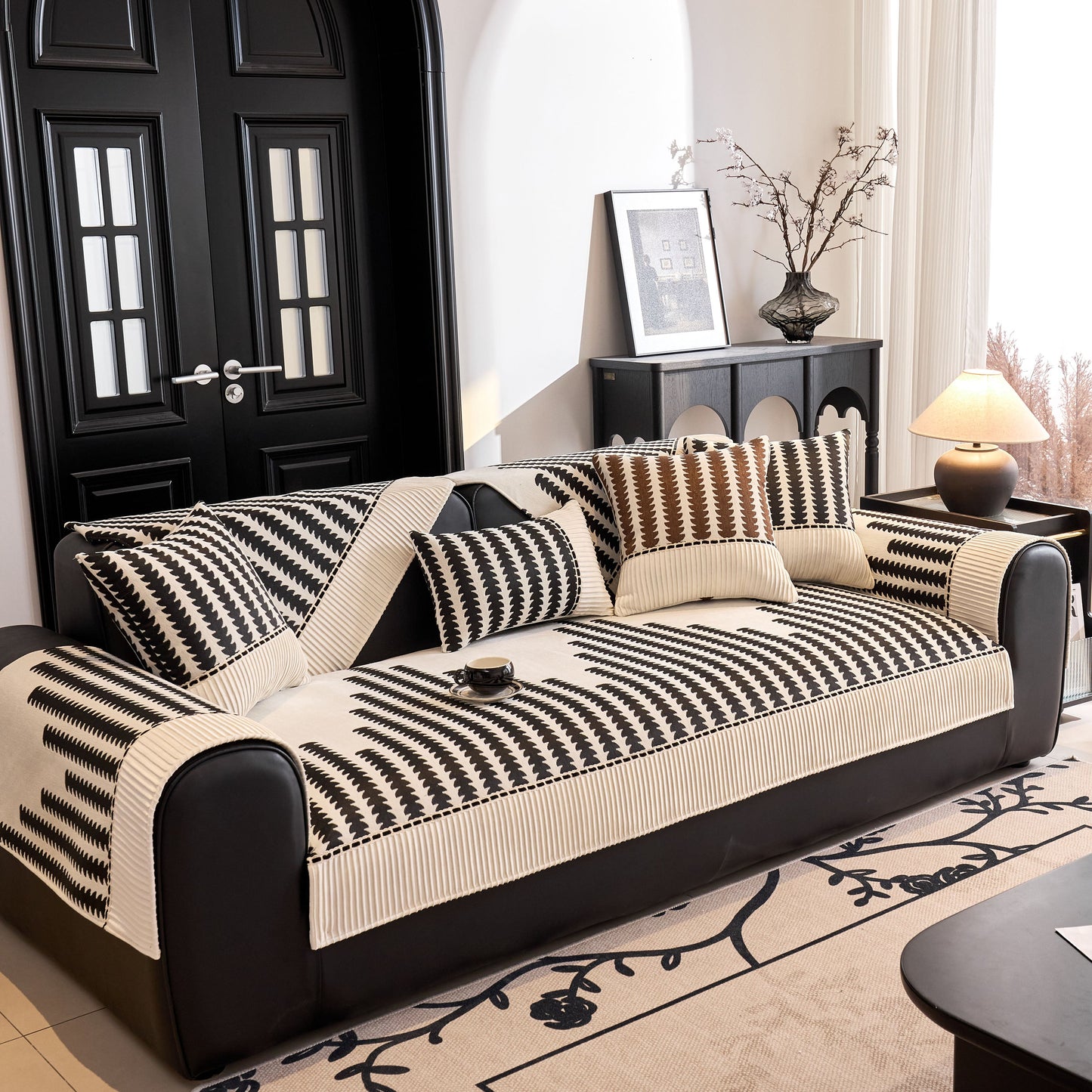 Vertical Stripes Sectional Sofa Cover Slipcover - Non-Slip, Fits L-Shape Couches with modern geometric pattern in luxurious living room.