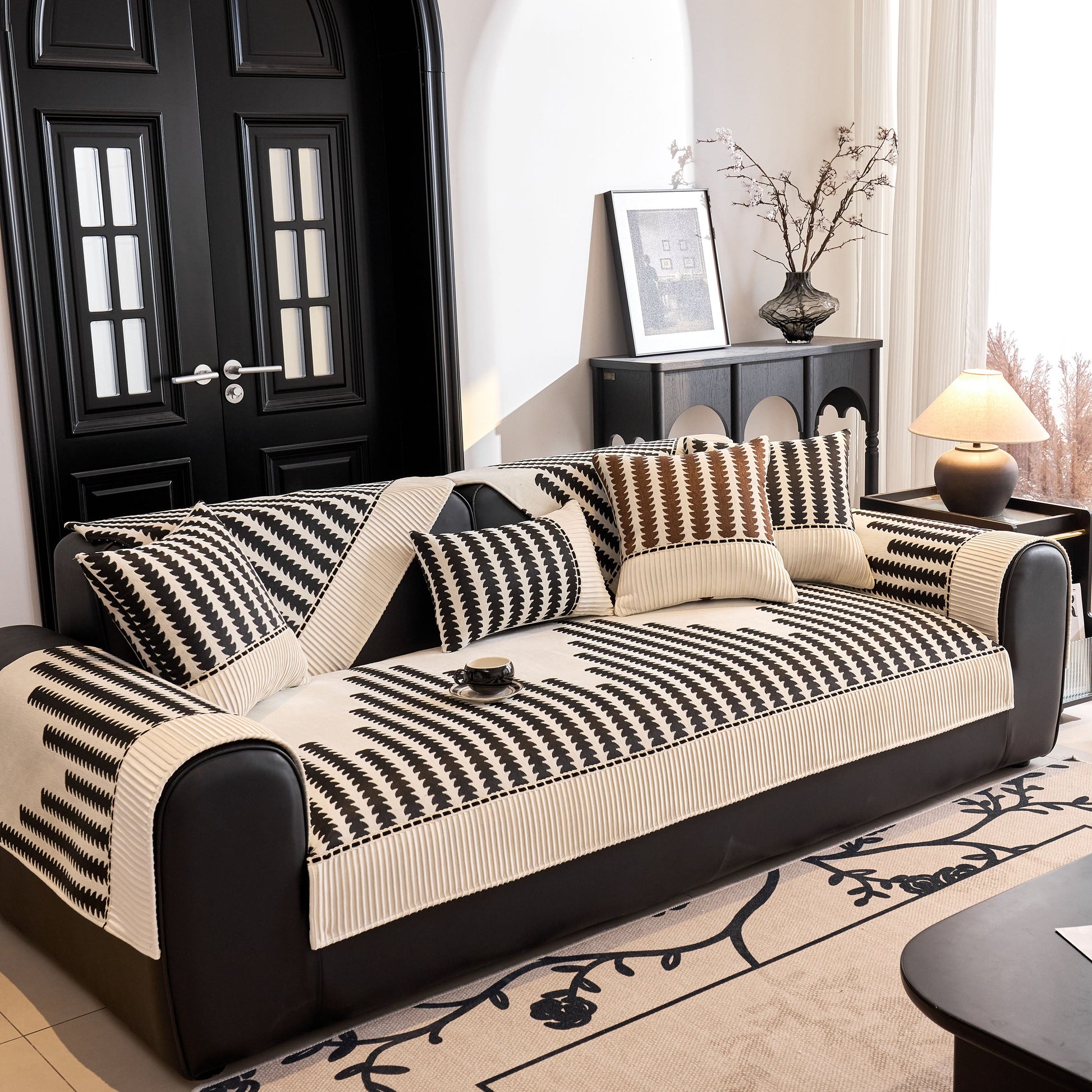 Vertical Stripes Sectional Sofa Cover Slipcover - Non-Slip, Fits L-Shape Couches with modern geometric pattern in luxurious living room.