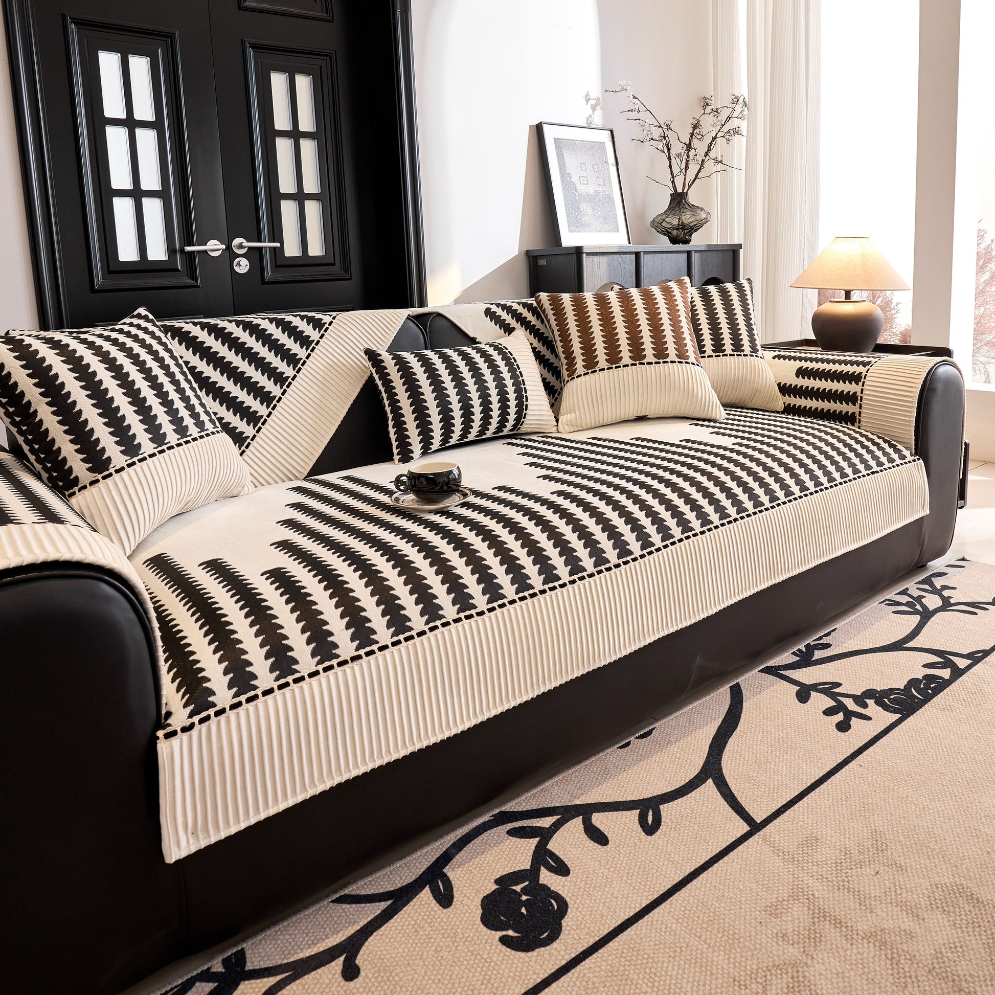 Vertical Stripes Sectional Sofa Cover Slipcover - Non-Slip, Fits L-Shape Couches, premium chenille fabric with geometric pattern