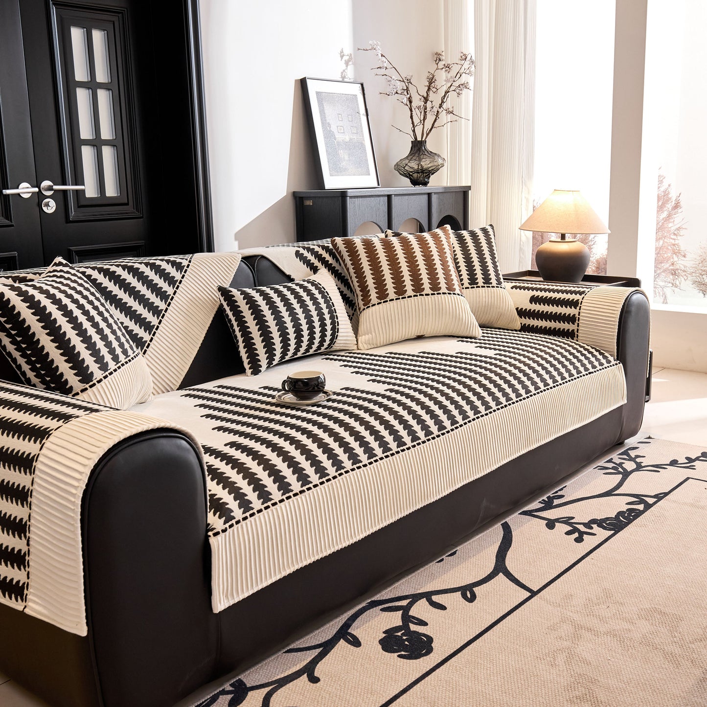 Vertical Stripes Sectional Sofa Cover Slipcover - Non-Slip, Fits L-Shape Couches with black and white geometric pattern on sofa
