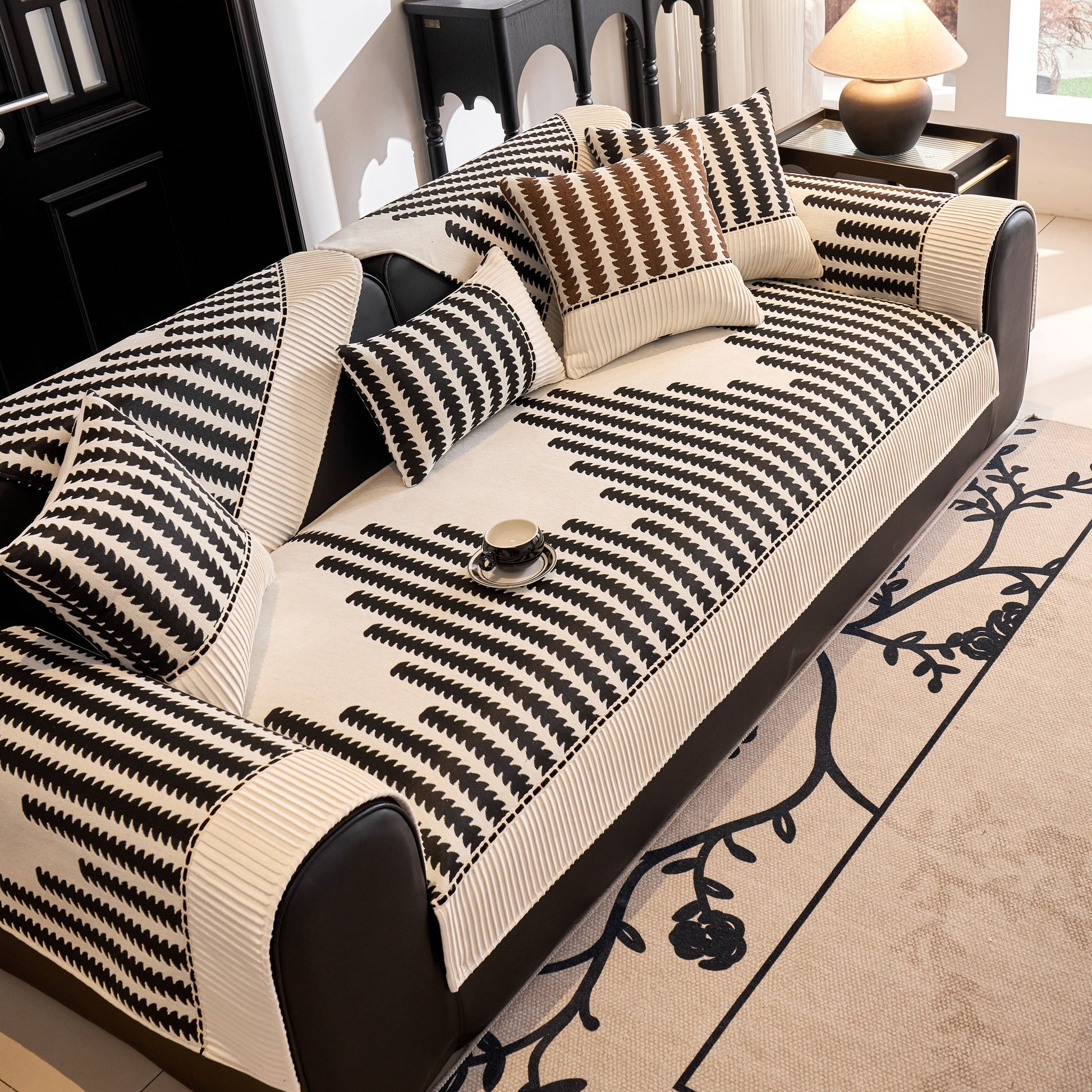 Vertical Stripes Sectional Sofa Cover Slipcover - Non-Slip, Fits L-Shape Couches, in a modern geometric pattern with cushions on a sofa.