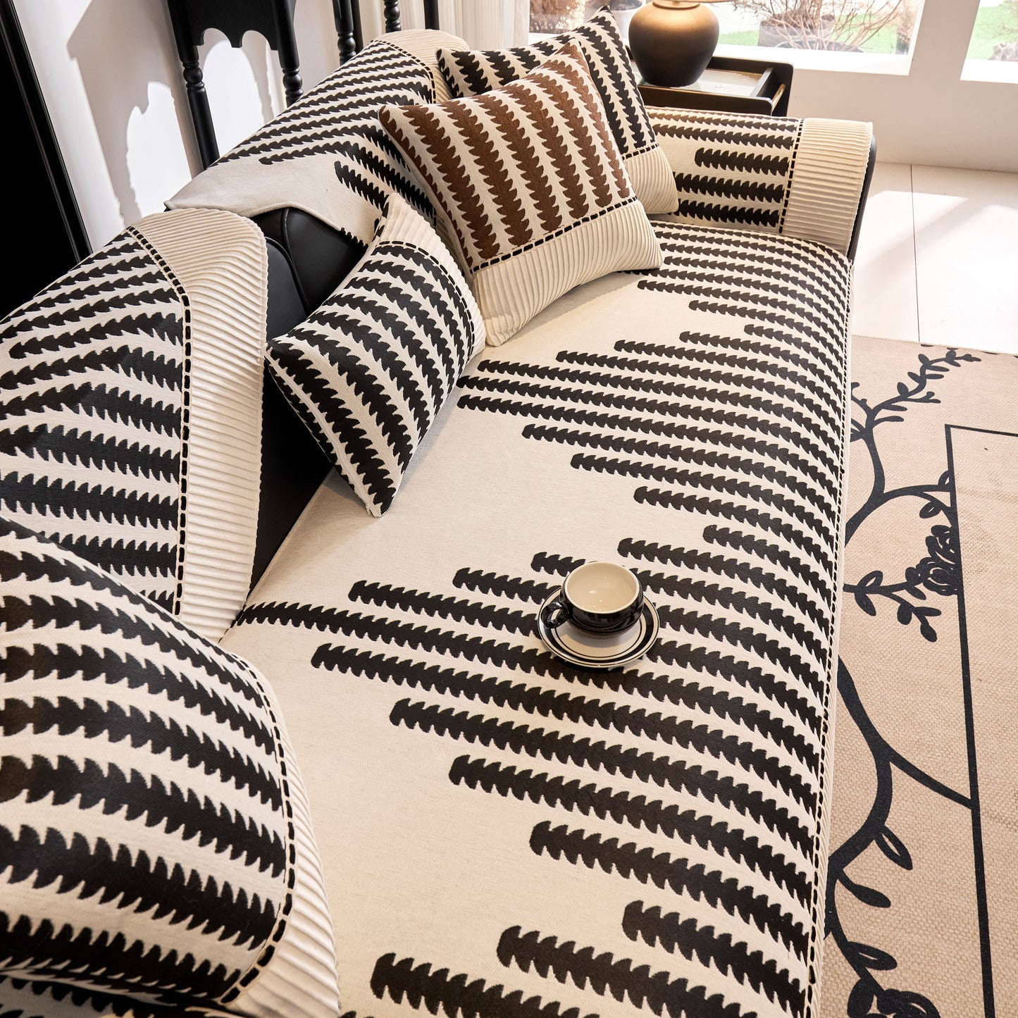 Vertical Stripes Sectional Sofa Cover Slipcover - Non-Slip, Fits L-Shape Couches in modern geometric pattern with textured chenille.