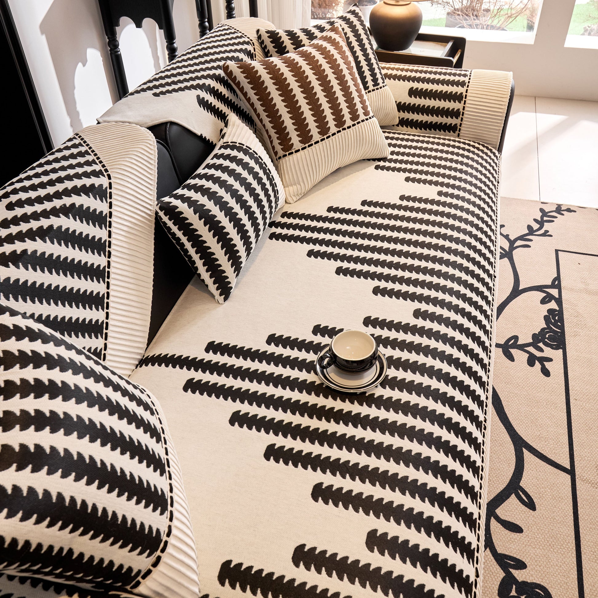 Vertical Stripes Sectional Sofa Cover Slipcover - Non-Slip, Fits L-Shape Couches in modern geometric pattern with textured chenille.