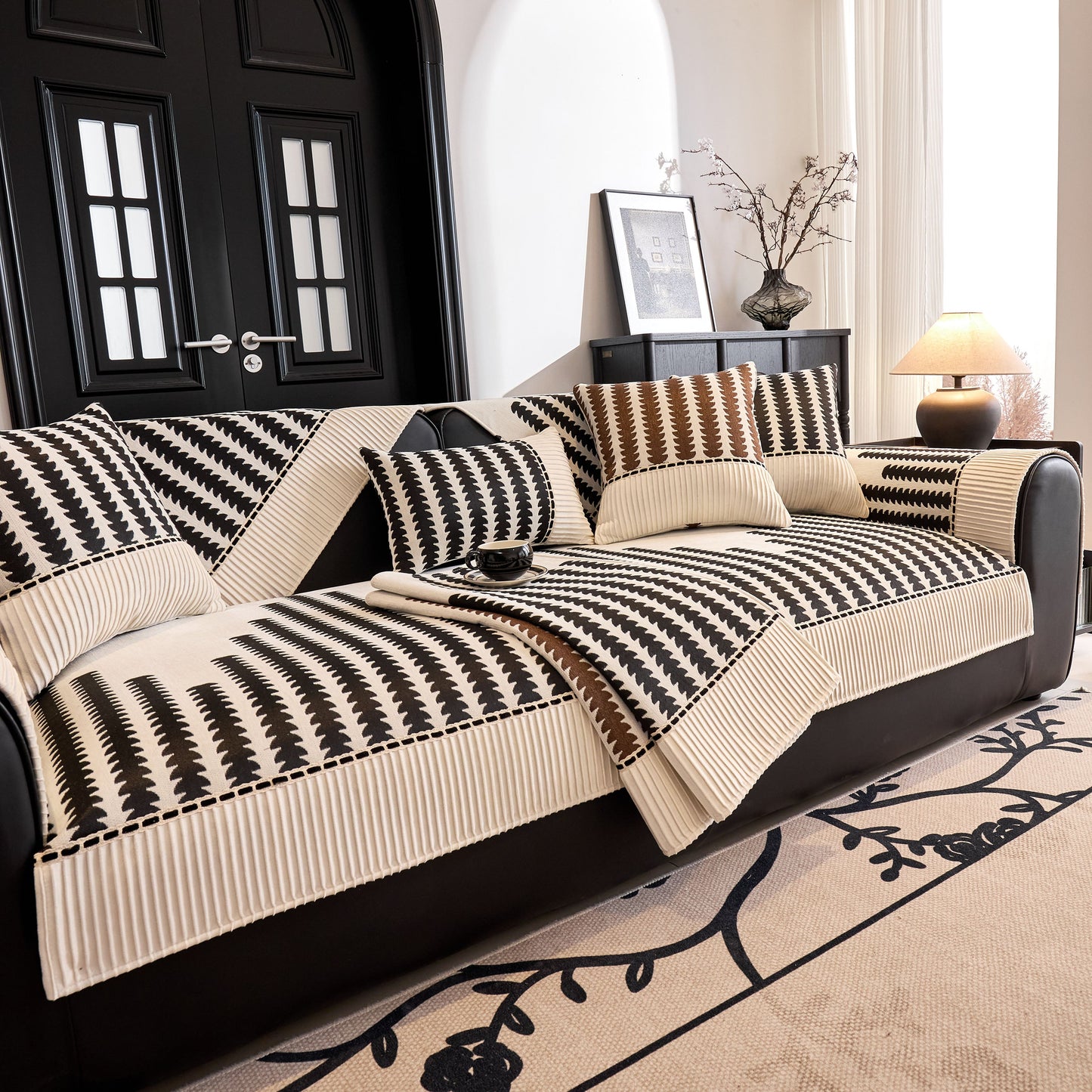 Vertical Stripes Sectional Sofa Cover Slipcover - Non-Slip, Fits L-Shape Couches in modern geometric pattern on a black sectional sofa