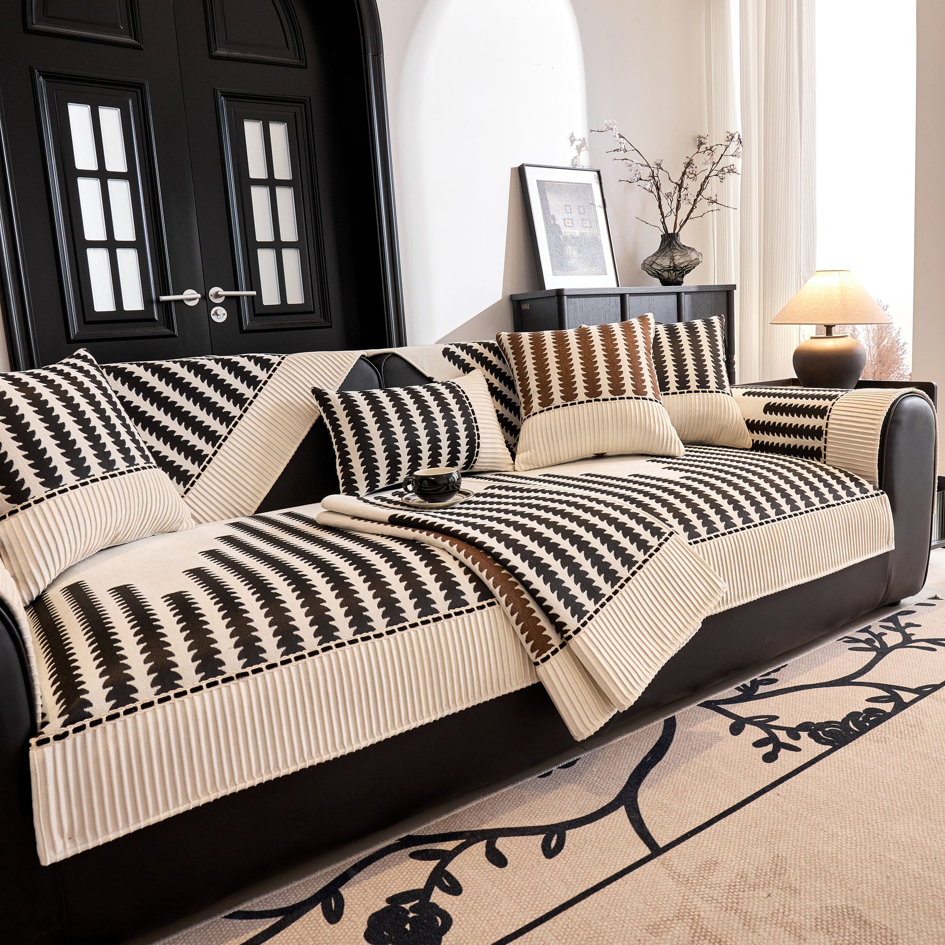 Vertical Stripes Sectional Sofa Cover Slipcover - Non-Slip, Fits L-Shape Couches in modern geometric pattern on a black sectional sofa