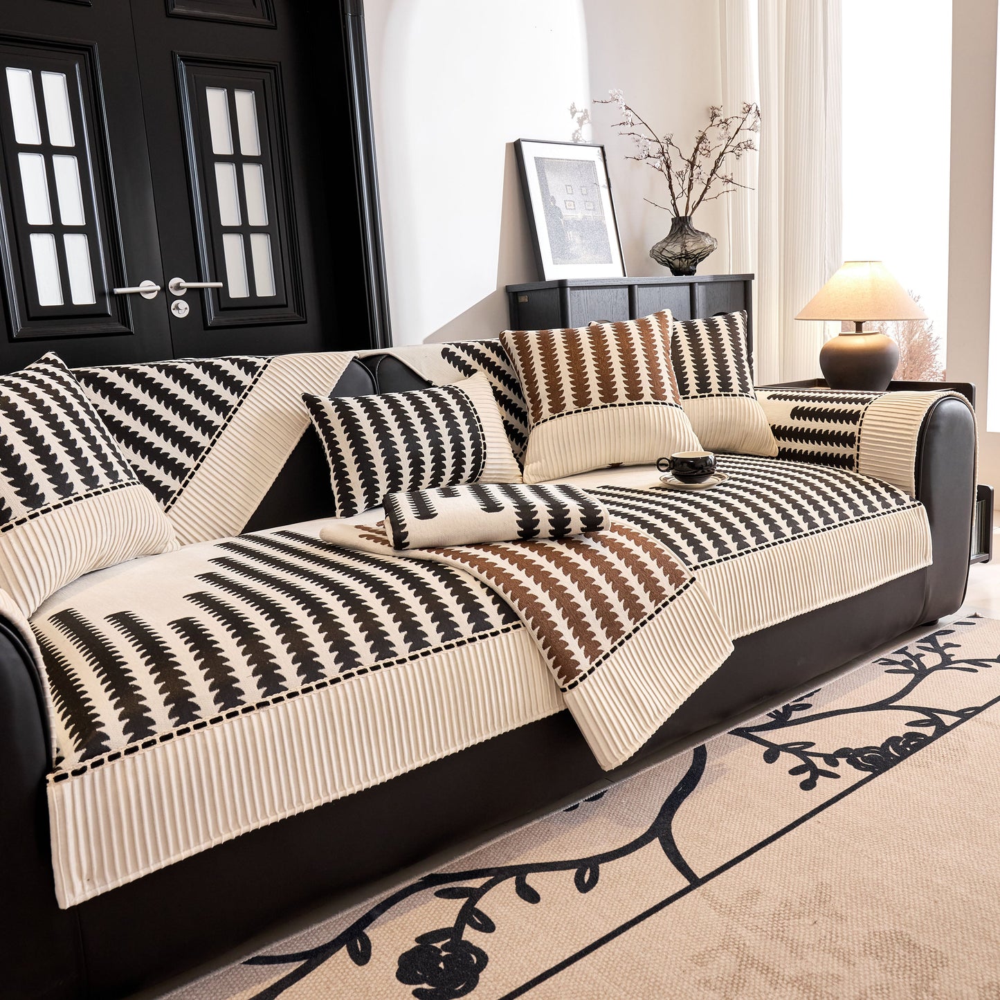 Vertical Stripes Sectional Sofa Cover Slipcover - Non-Slip, Fits L-Shape Couches in premium chenille with modern geometric pattern.