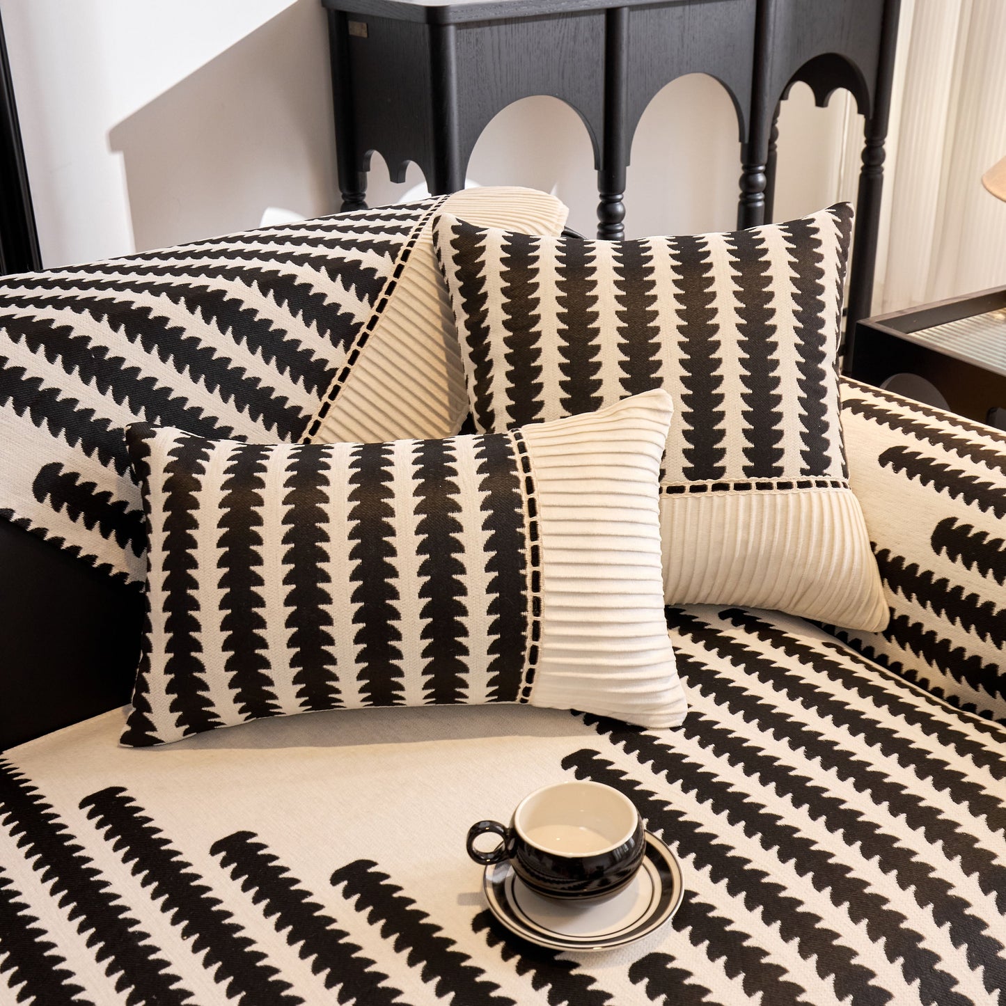 Vertical Stripes Sectional Sofa Cover Slipcover - Non-Slip, Fits L-Shape Couches with geometric pattern and cushions.