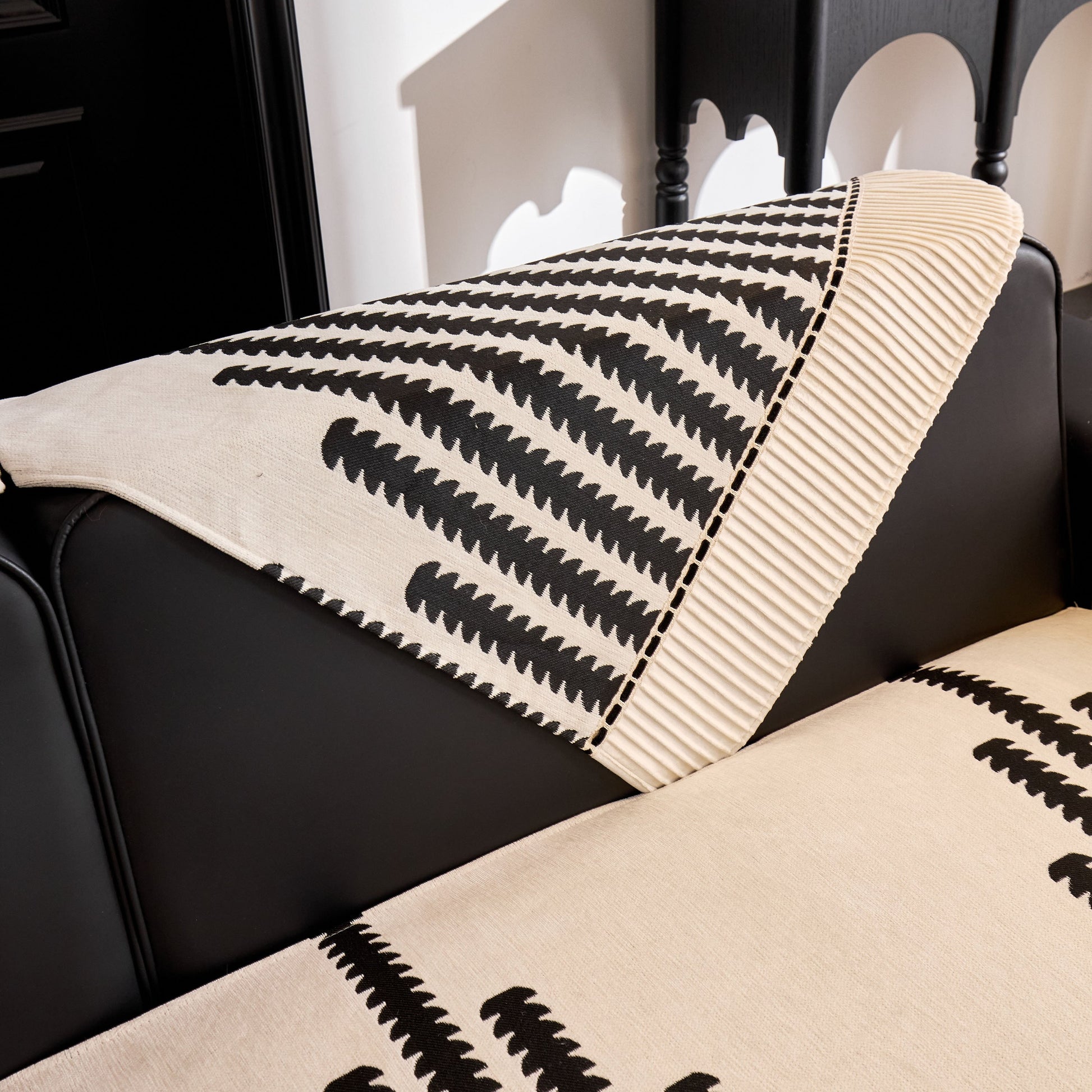 Vertical Stripes Sectional Sofa Cover Slipcover - Non-Slip, Fits L-Shape Couches with modern geometric pattern on black sofa