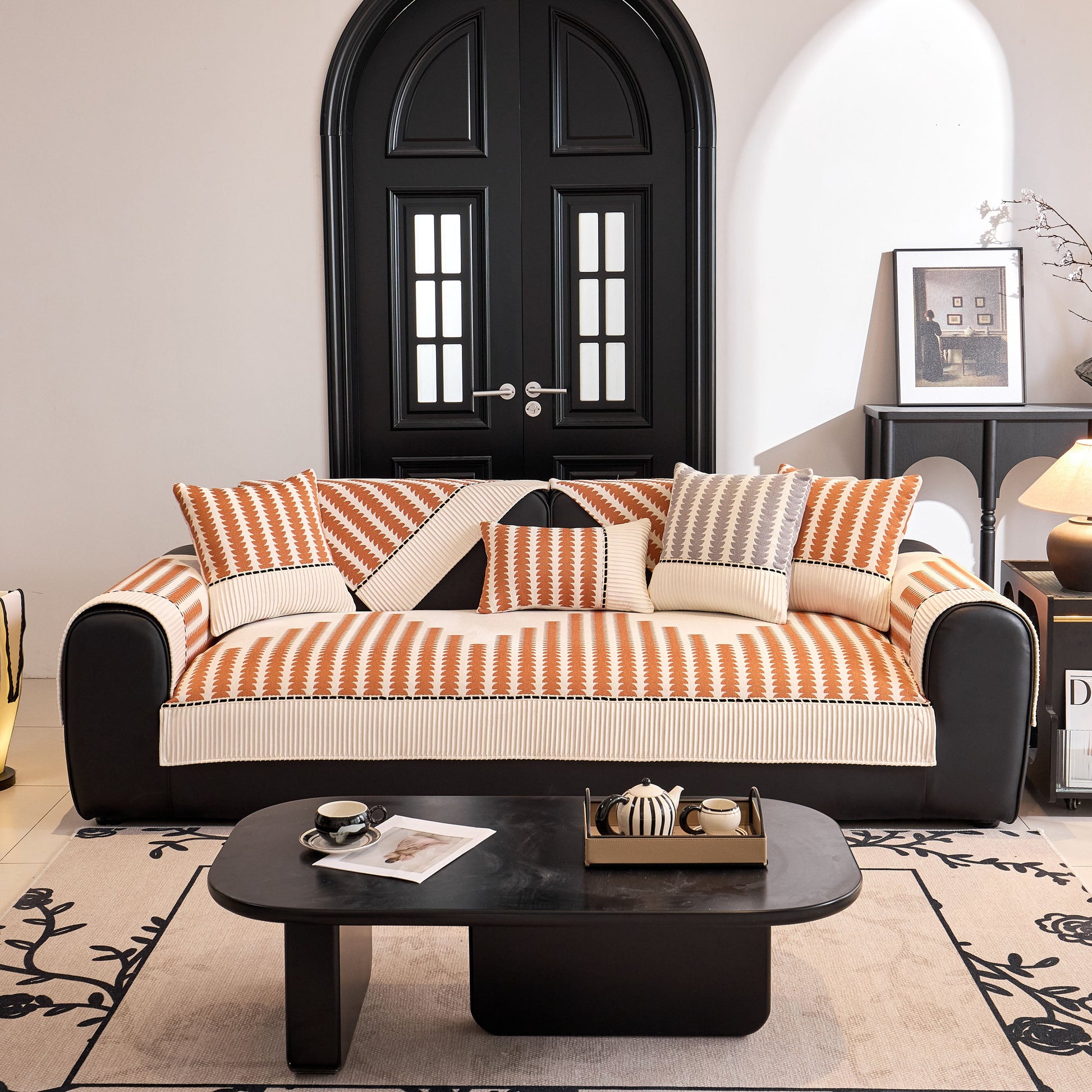 Vertical Stripes Sectional Sofa Cover Slipcover - Non-Slip, Fits L-Shape Couches, shown on a modern L-shape couch with decorative pillows.