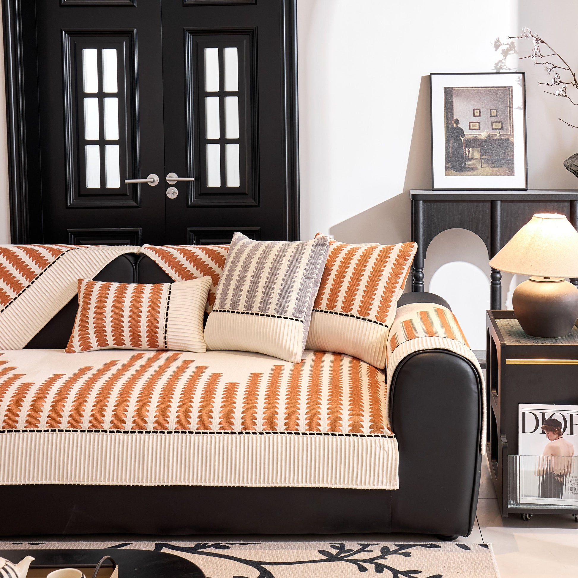 Vertical Stripes Sectional Sofa Cover Slipcover - Non-Slip, Fits L-Shape Couches on a patterned sofa with cushions.