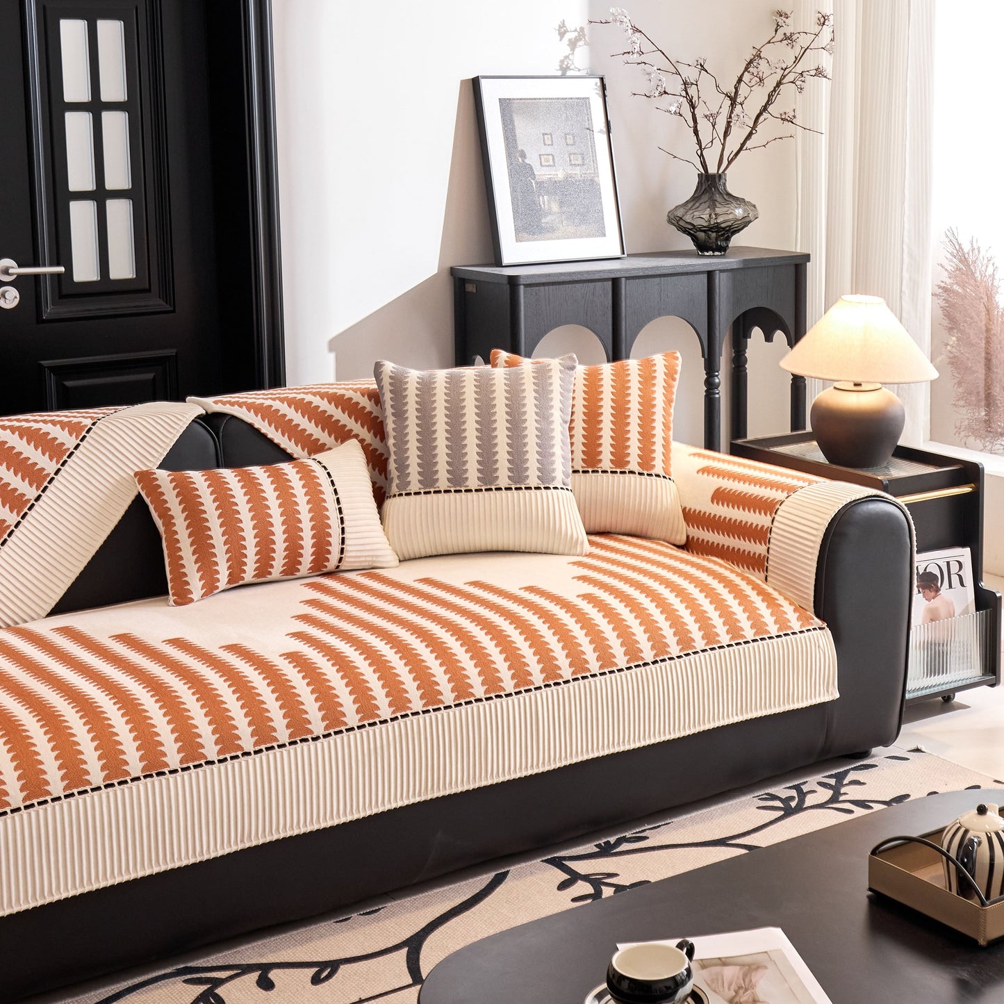 Vertical Stripes Sectional Sofa Cover Slipcover - Non-Slip, Fits L-Shape Couches with chenille fabric and geometric pattern.