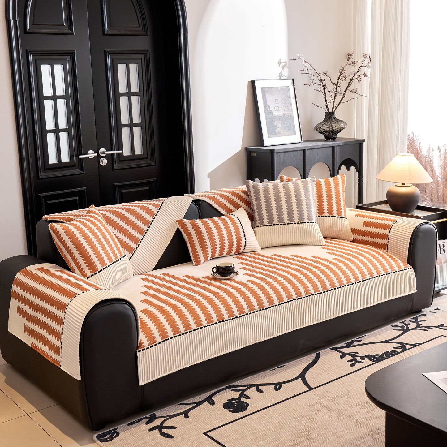 Vertical Stripes Sectional Sofa Cover Slipcover - Non-Slip, Fits L-Shape Couches with modern geometric patterns and textured chenille.
