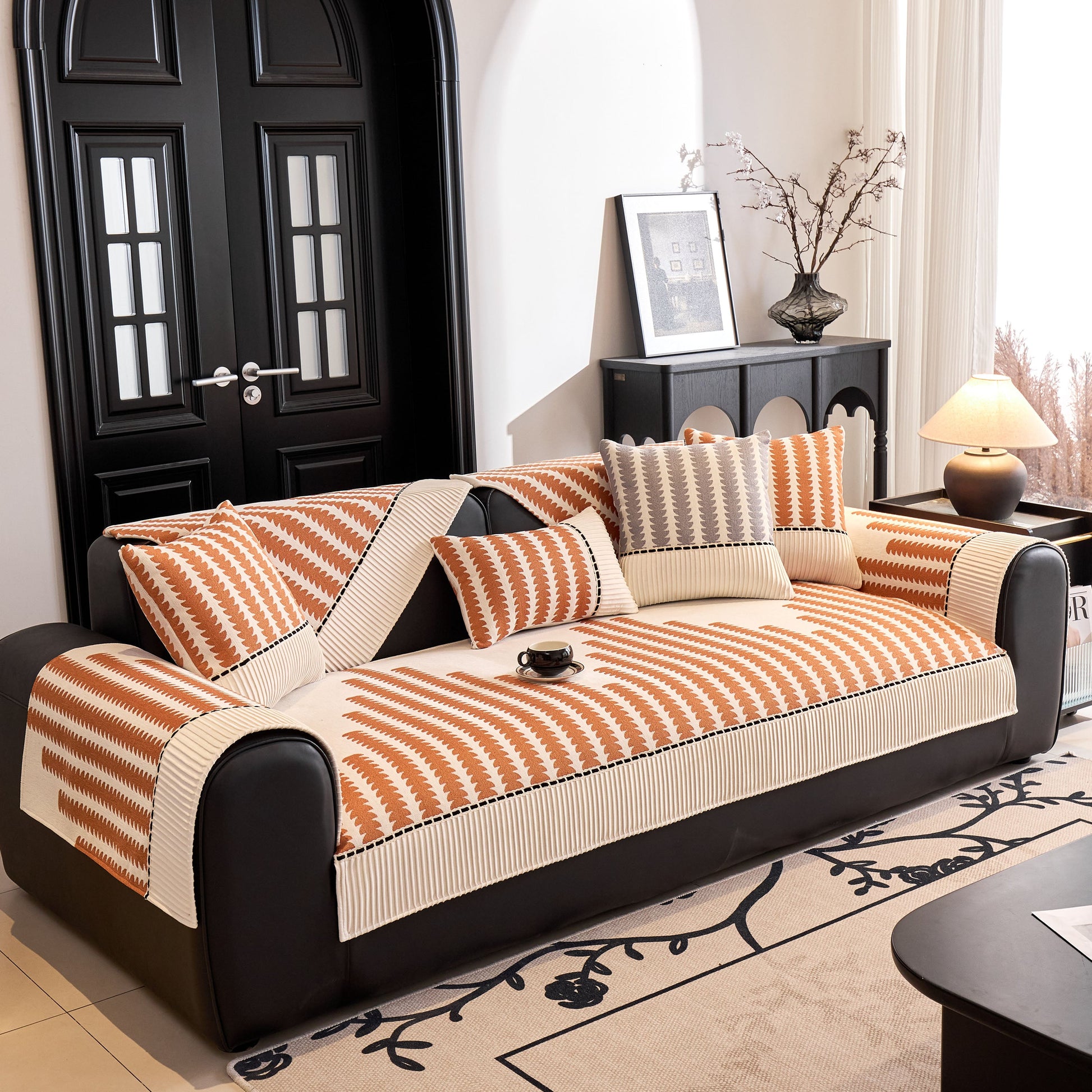 Vertical Stripes Sectional Sofa Cover Slipcover - Non-Slip, Fits L-Shape Couches with modern geometric patterns and textured chenille.