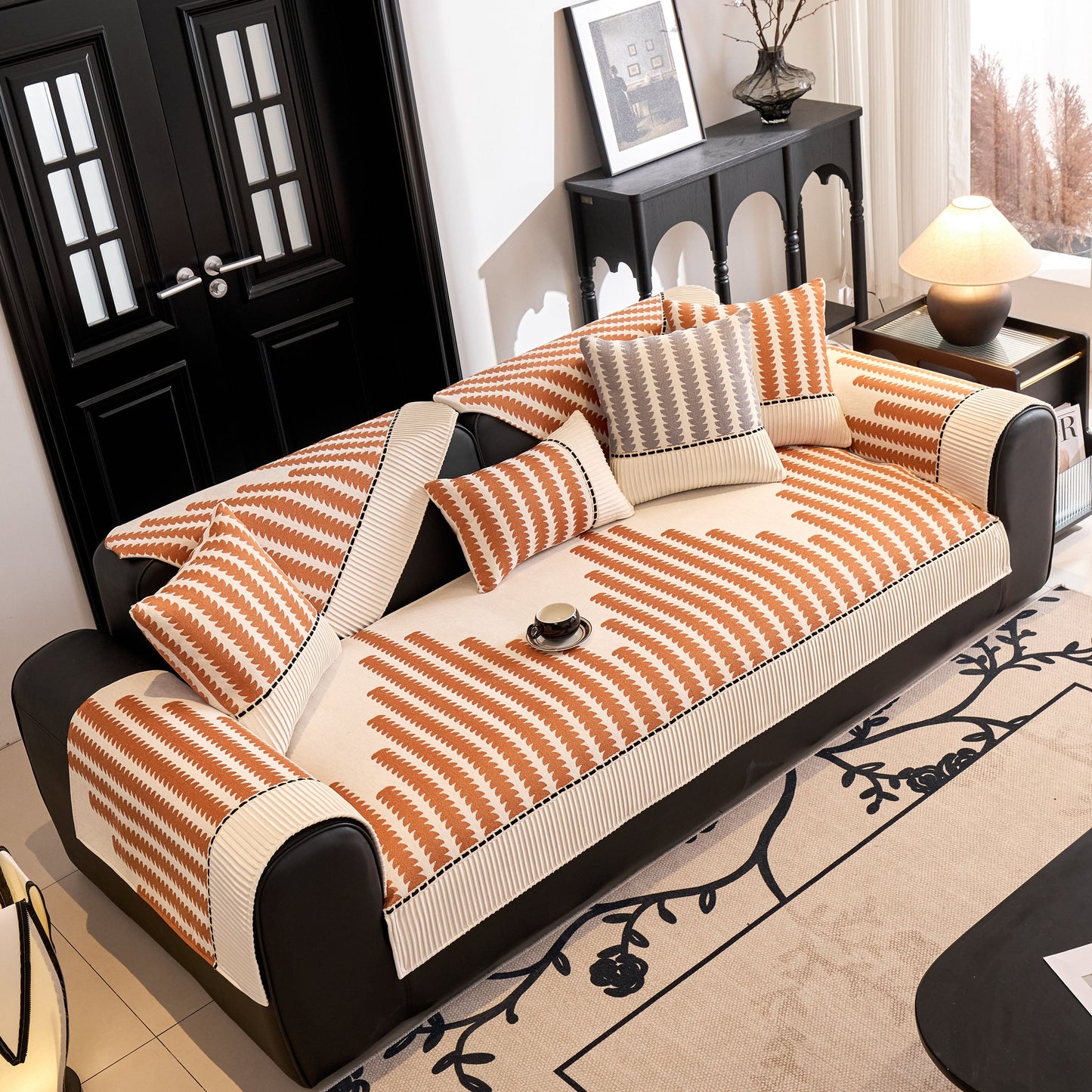 Vertical Stripes Sectional Sofa Cover Slipcover - Non-Slip, Fits L-Shape Couches, modern chenille fabric with silicone grips.