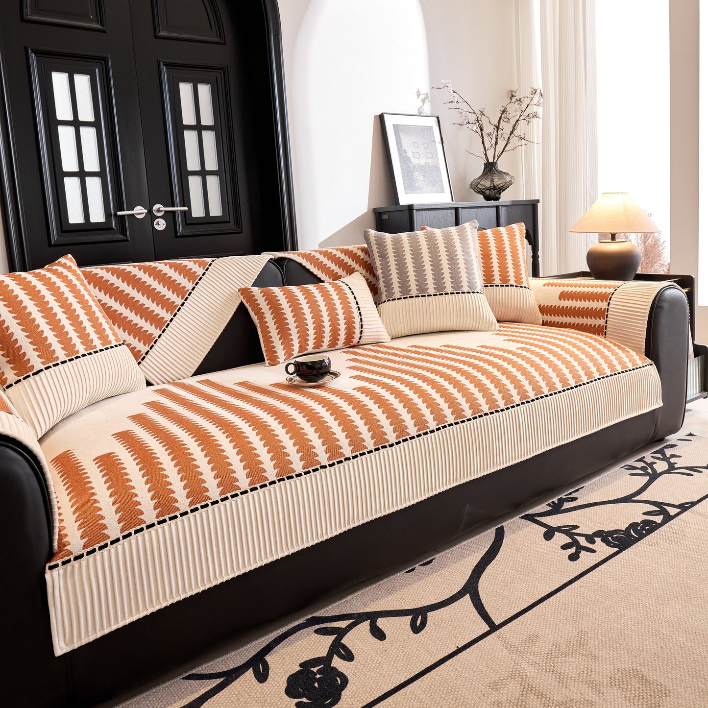 Vertical Stripes Sectional Sofa Cover Slipcover - Non-Slip, Fits L-Shape Couches with modern geometric pattern in living room