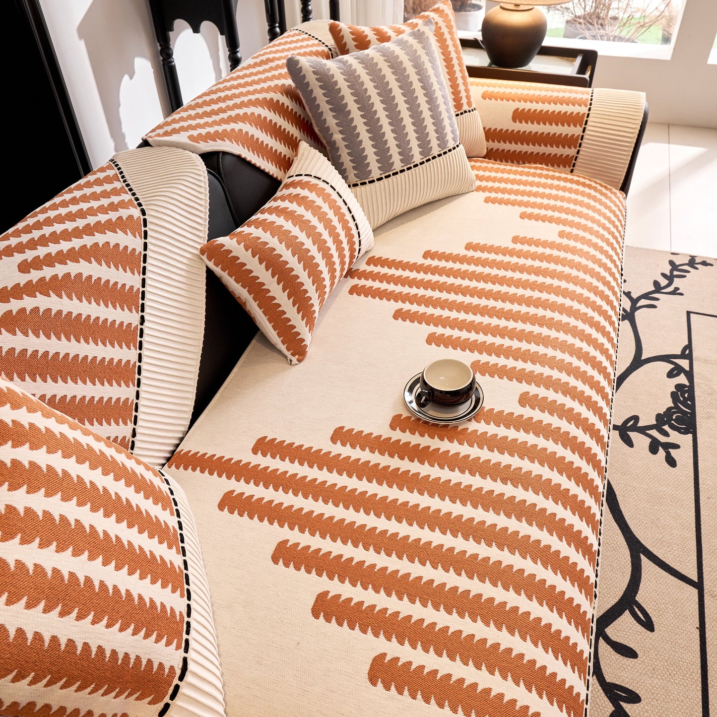 Vertical Stripes Sectional Sofa Cover Slipcover - Non-Slip, Fits L-Shape Couches with brown and beige geometric pattern