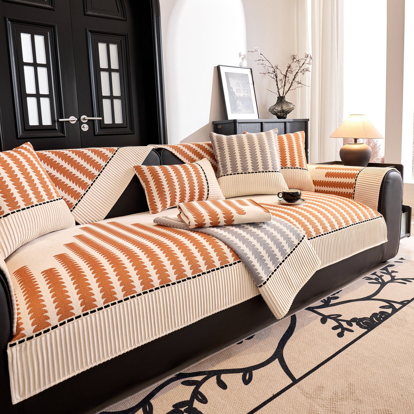 Vertical Stripes Sectional Sofa Cover Slipcover - Non-Slip, Fits L-Shape Couches in premium chenille fabric with geometric pattern