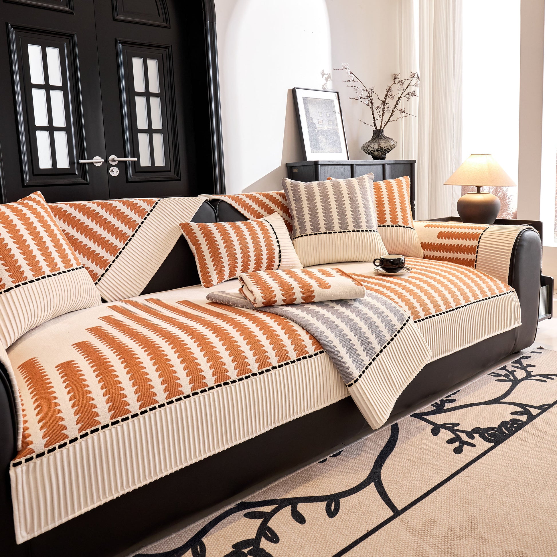 Vertical Stripes Sectional Sofa Cover Slipcover - Non-Slip, Fits L-Shape Couches in premium chenille fabric with geometric pattern
