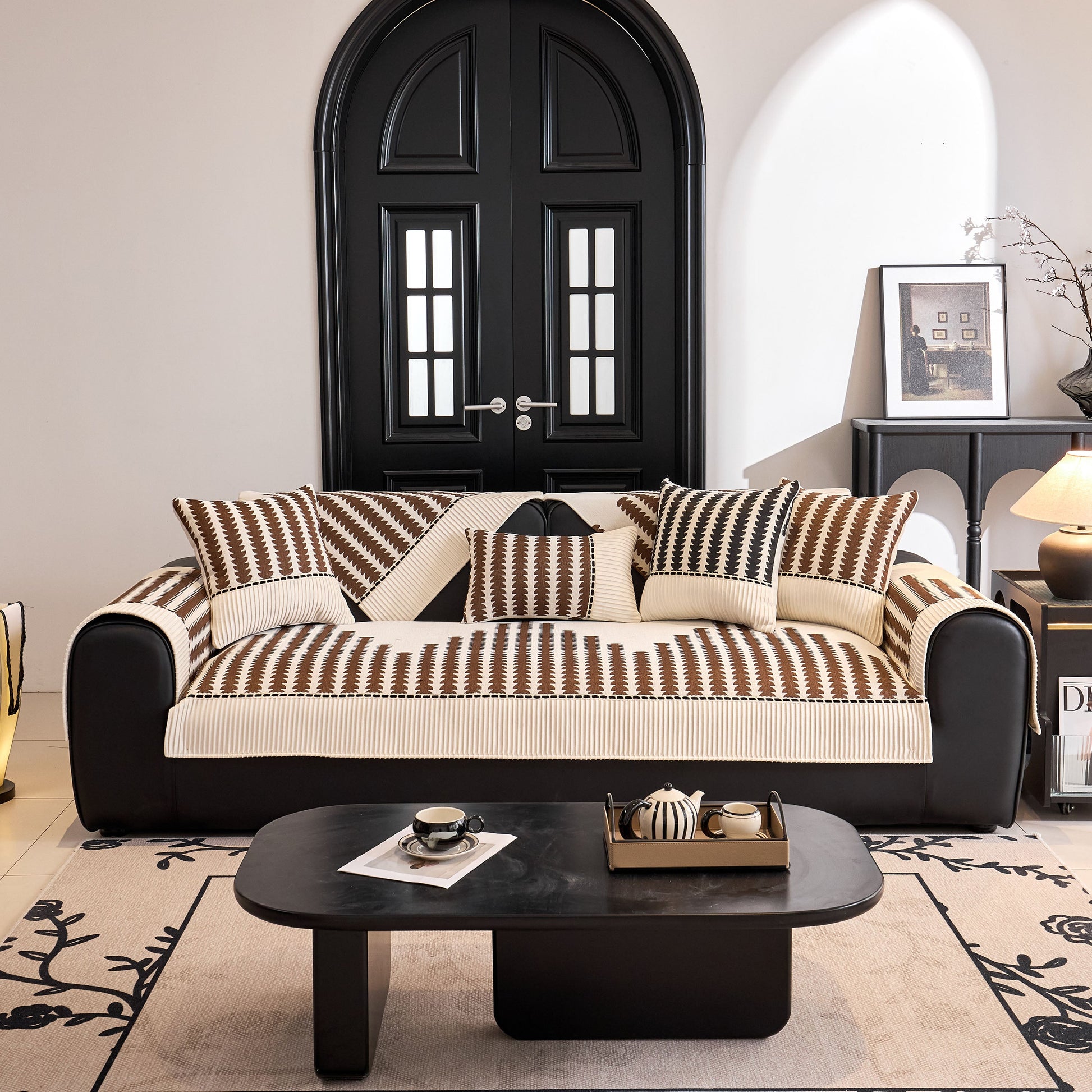 Vertical Stripes Sectional Sofa Cover Slipcover - Non-Slip, Fits L-Shape Couches in stylish living room setting