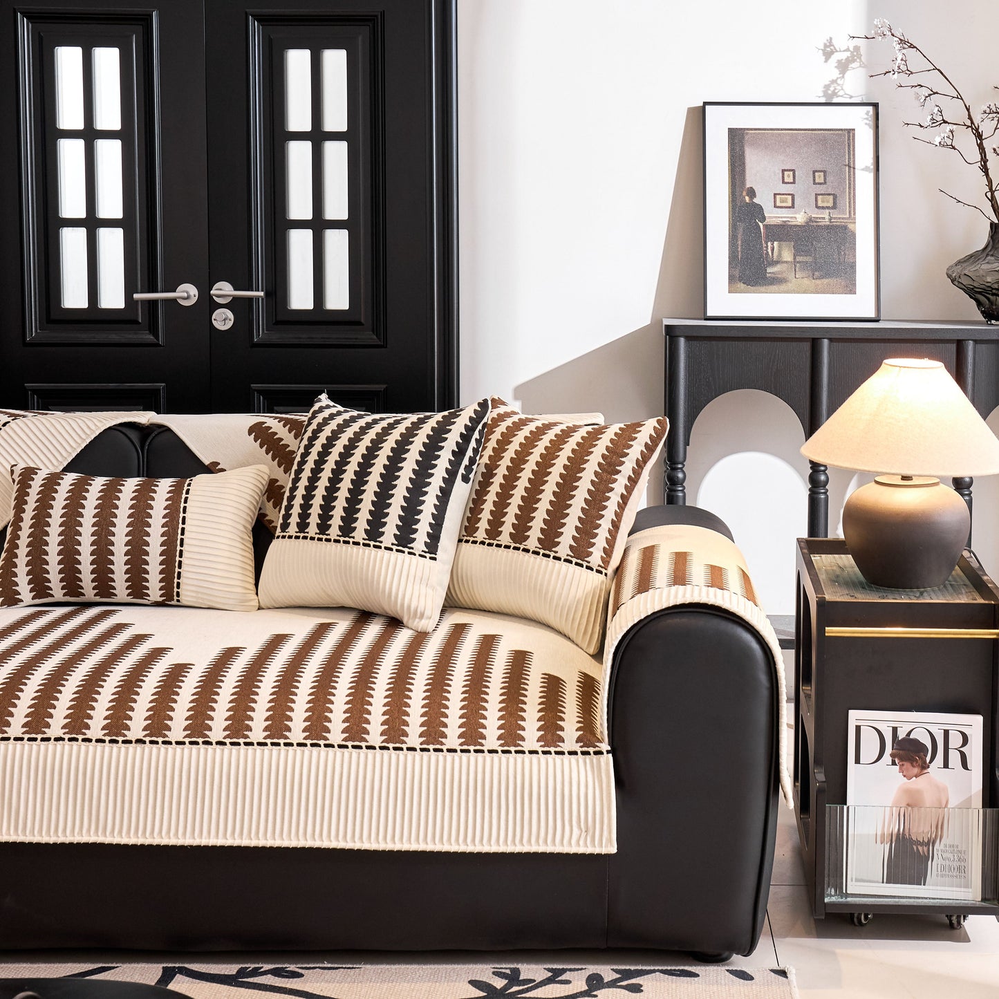 Vertical Stripes Sectional Sofa Cover Slipcover - Non-Slip, Fits L-Shape Couches with modern geometric pattern in a stylish living room