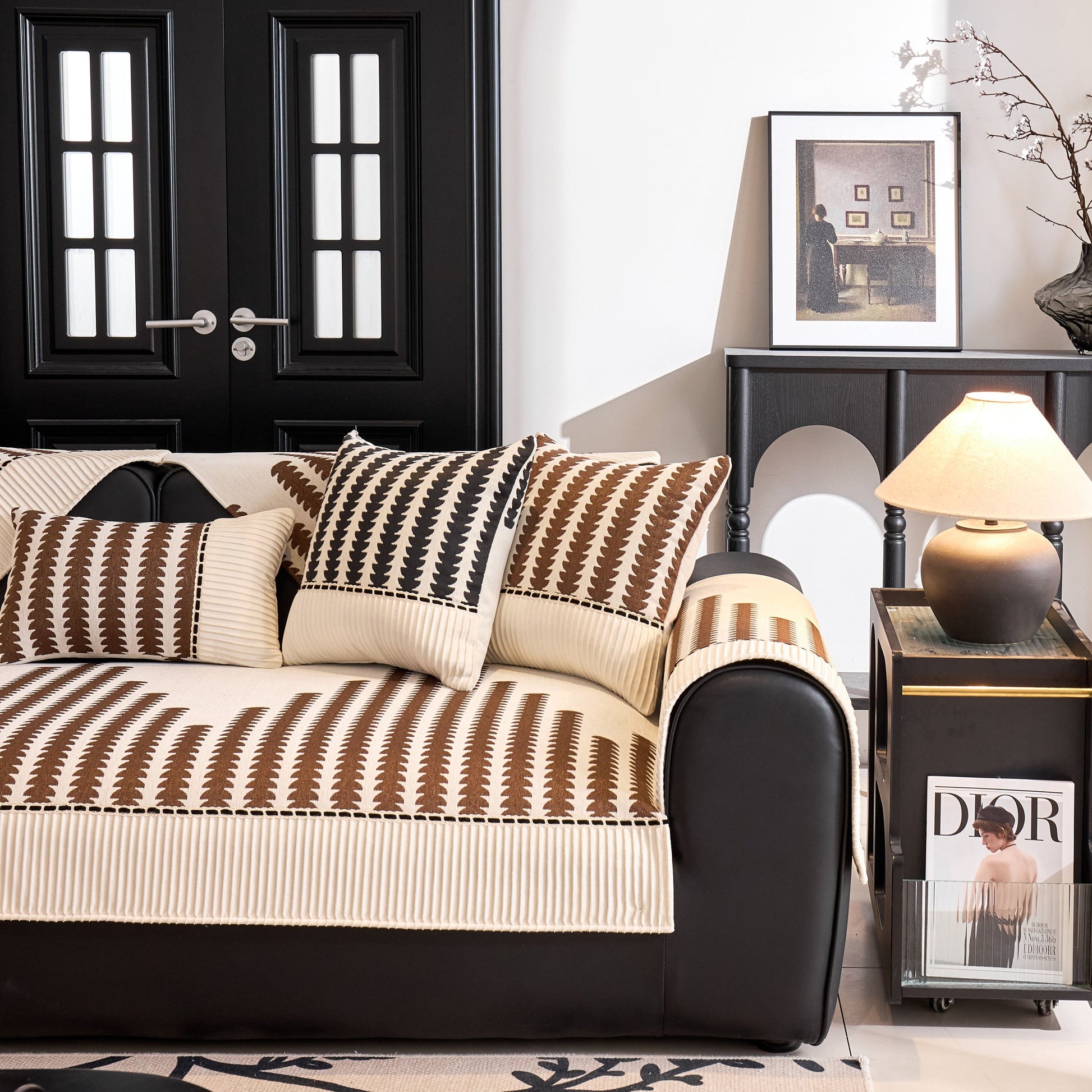 Vertical Stripes Sectional Sofa Cover Slipcover - Non-Slip, Fits L-Shape Couches with modern geometric pattern in a stylish living room