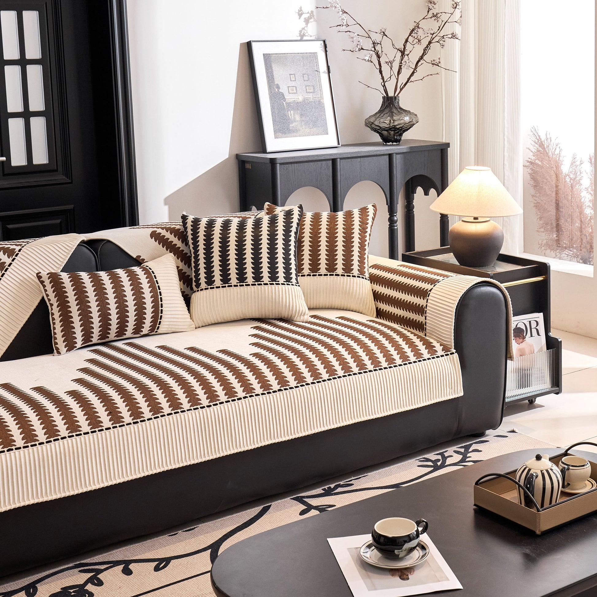 Living room with Vertical Stripes Sectional Sofa Cover Slipcover - Non-Slip, Fits L-Shape Couches on black couch