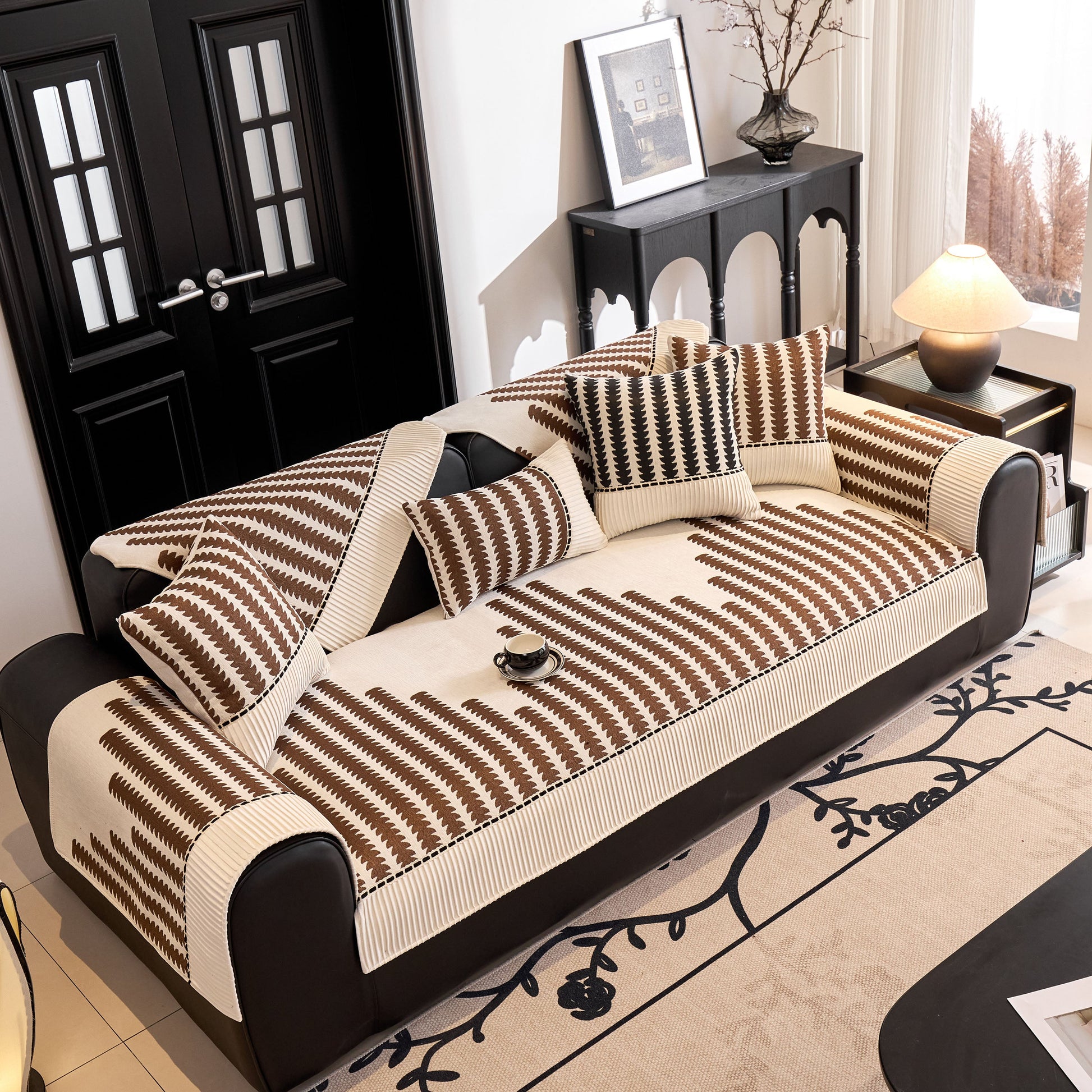 Vertical Stripes Sectional Sofa Cover Slipcover - Non-Slip, Fits L-Shape Couches in a modern living room setting.