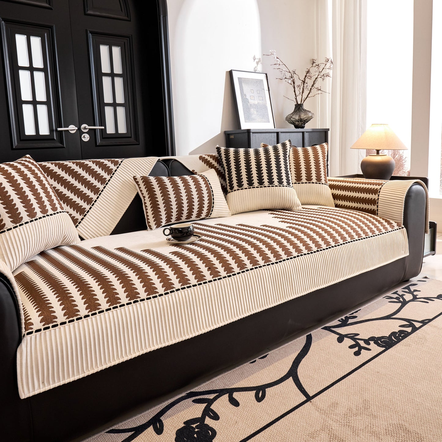 Vertical Stripes Sectional Sofa Cover Slipcover - Non-Slip, Fits L-Shape Couches in modern geometric pattern on dark sofa