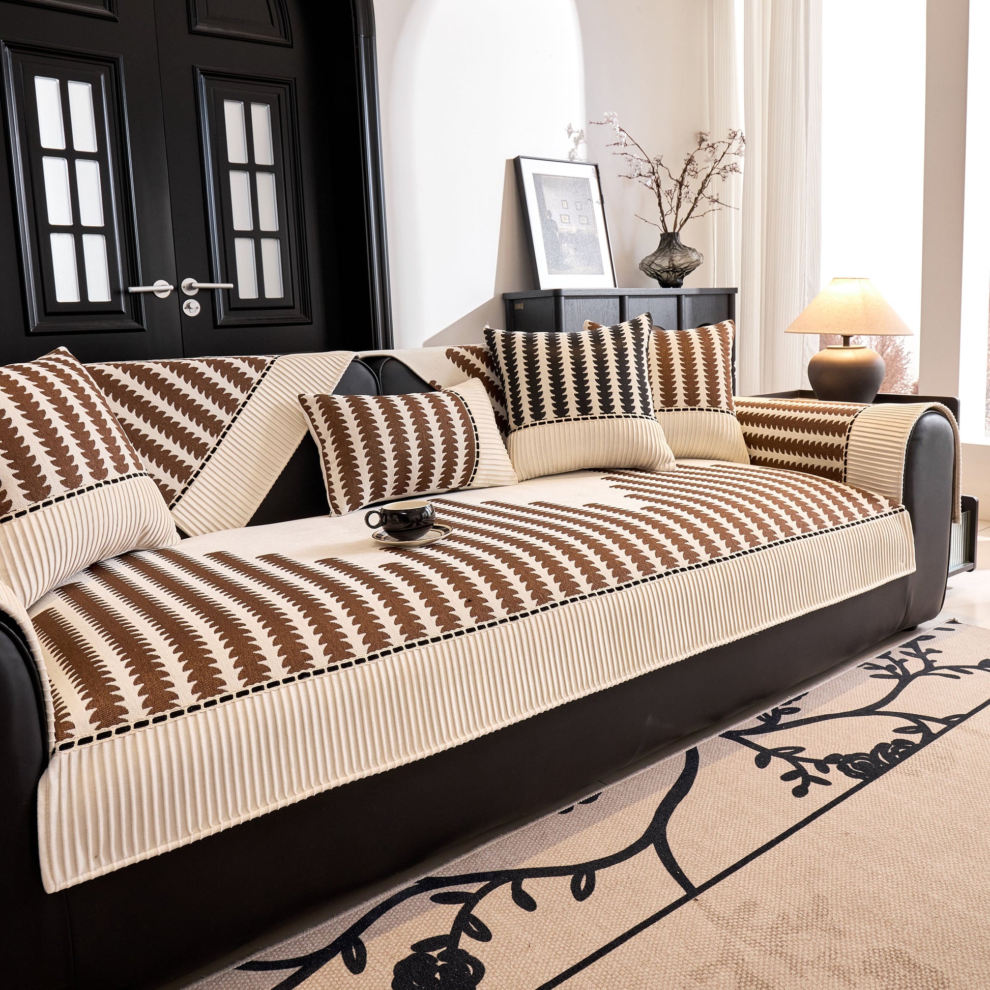 Vertical Stripes Sectional Sofa Cover Slipcover - Non-Slip, Fits L-Shape Couches in modern geometric pattern on dark sofa