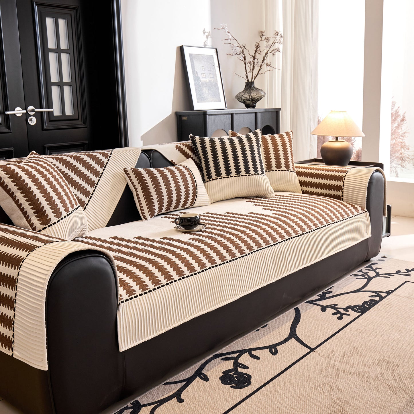 Vertical Stripes Sectional Sofa Cover Slipcover - Non-Slip, Fits L-Shape Couches shown on dark leather sofa in living room
