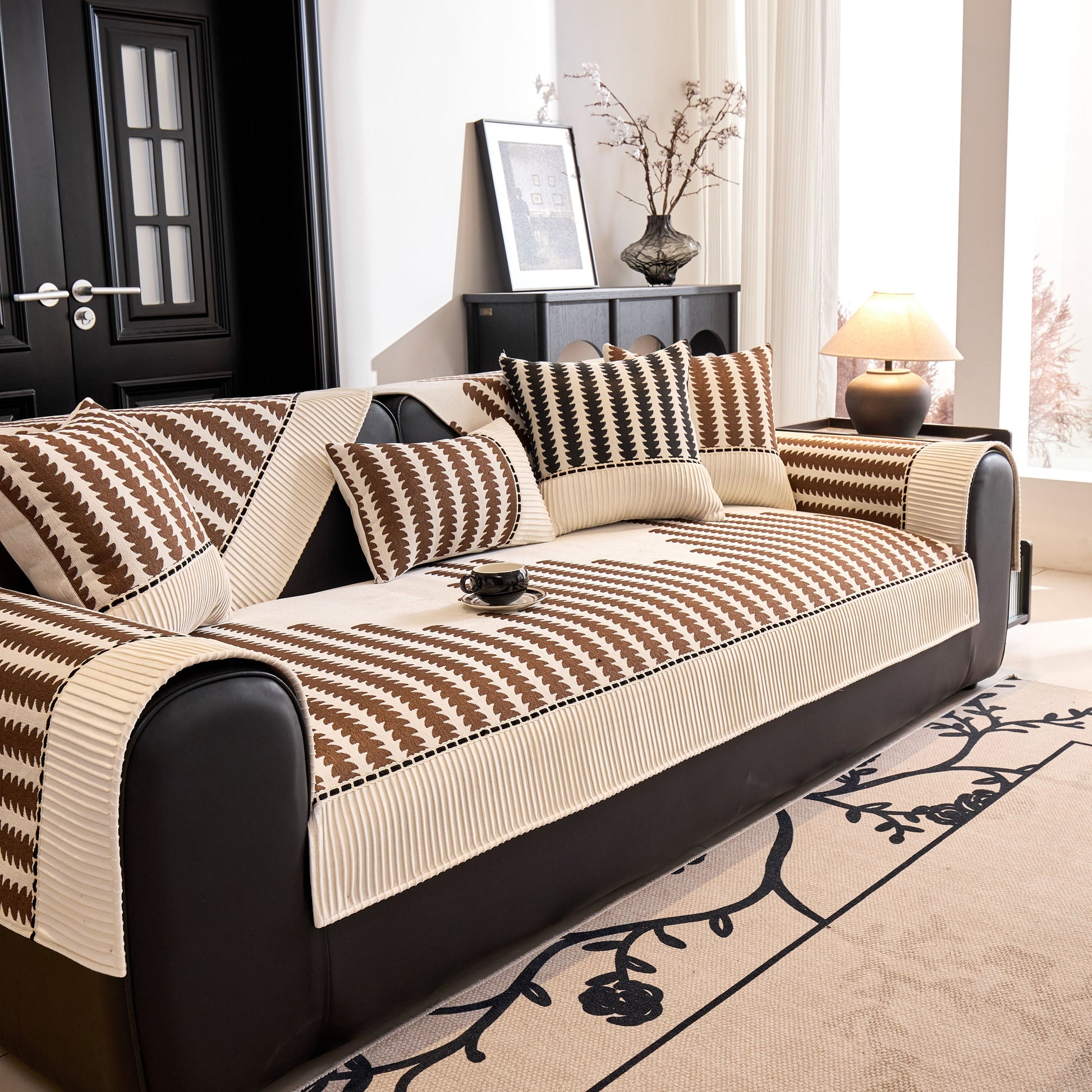 Vertical Stripes Sectional Sofa Cover Slipcover - Non-Slip, Fits L-Shape Couches shown on dark leather sofa in living room
