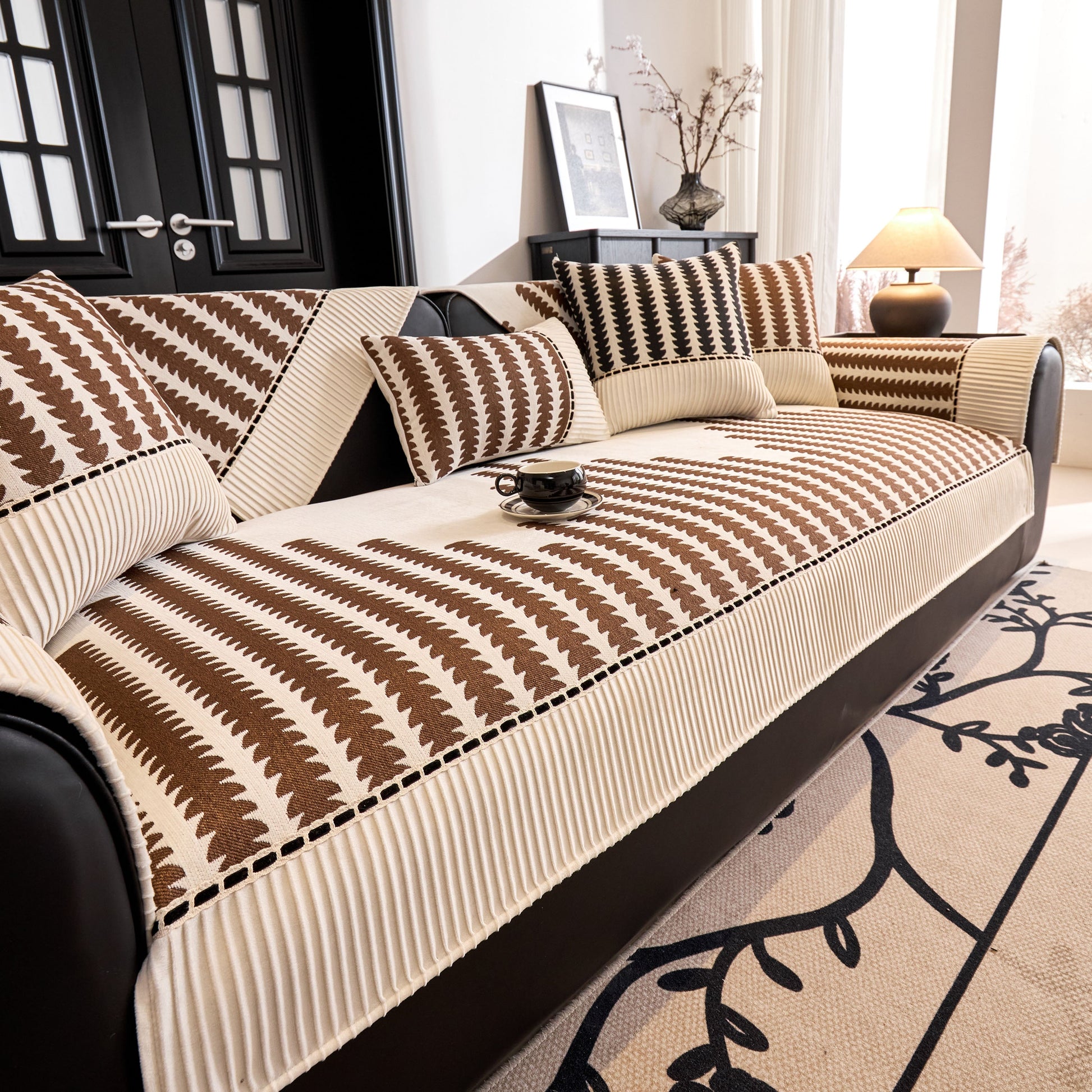 Vertical Stripes Sectional Sofa Cover Slipcover - Non-Slip, Fits L-Shape Couches on brown and beige striped sectional with cushions