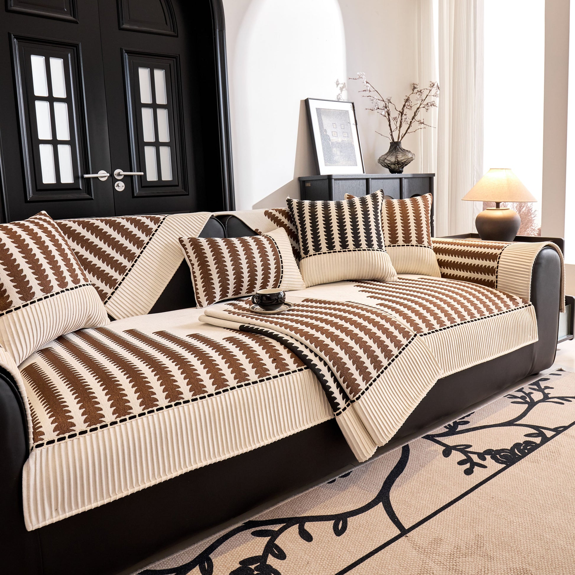 Vertical Stripes Sectional Sofa Cover Slipcover - Non-Slip, Fits L-Shape Couches, modern geometric pattern, chenille fabric