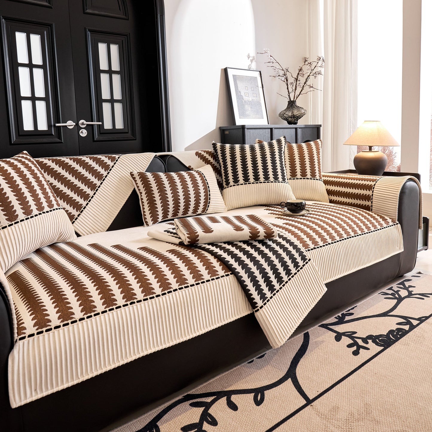 Vertical Stripes Sectional Sofa Cover Slipcover - Non-Slip, Fits L-Shape Couches in modern geometric pattern with chenille fabric.