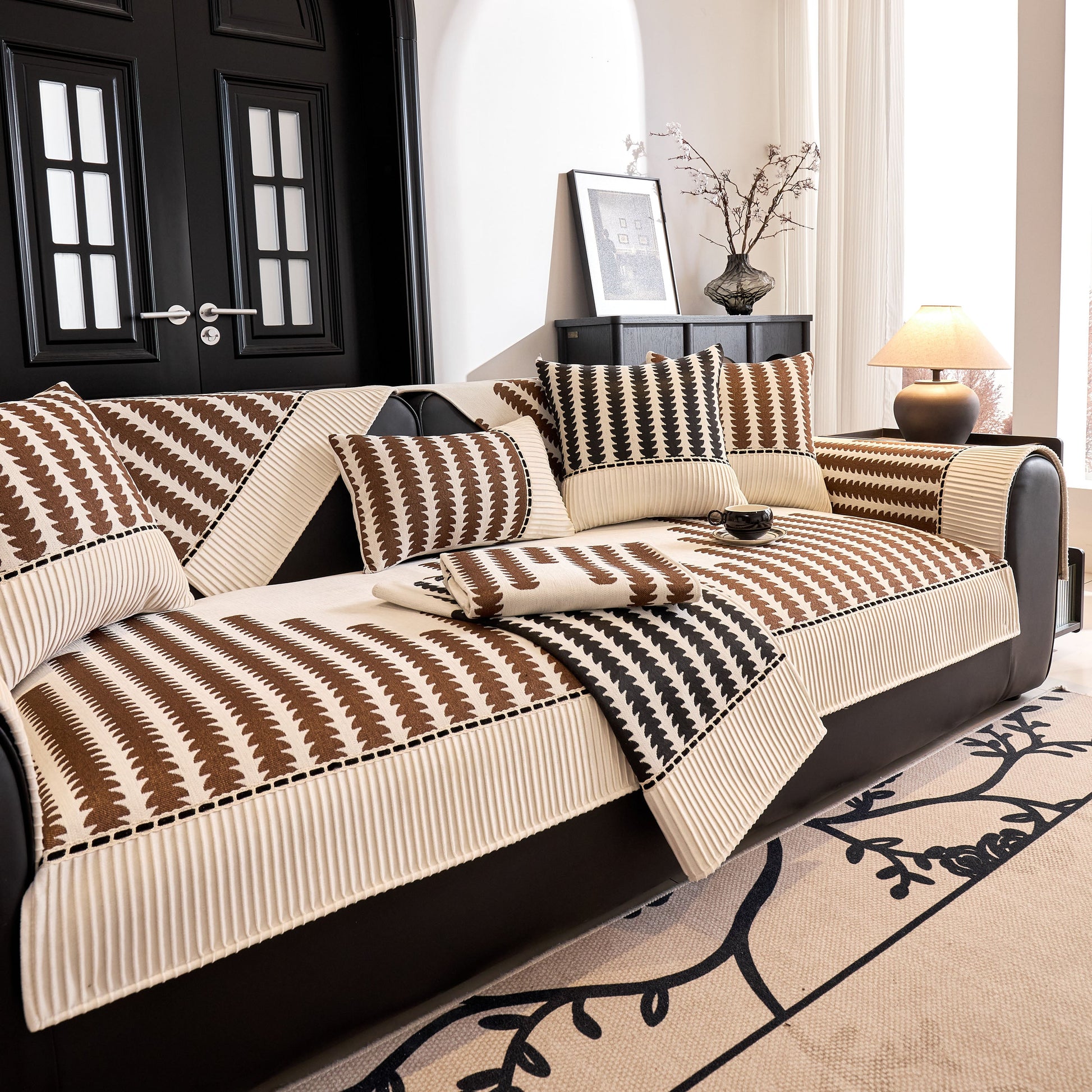 Vertical Stripes Sectional Sofa Cover Slipcover - Non-Slip, Fits L-Shape Couches in modern geometric pattern with chenille fabric.