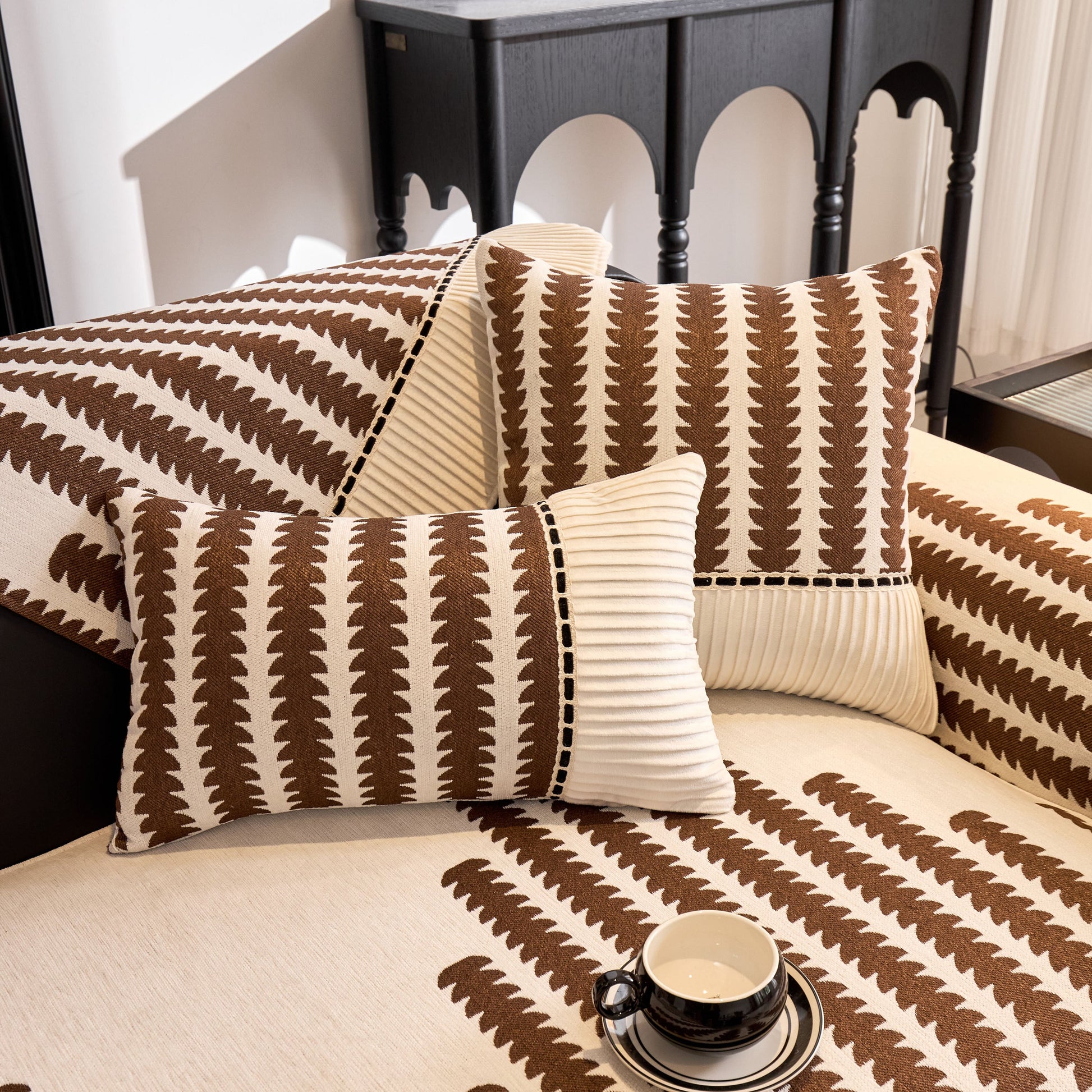 Vertical Stripes Sectional Sofa Cover Slipcover - Non-Slip, Fits L-Shape Couches with geometric pattern and throw pillows.