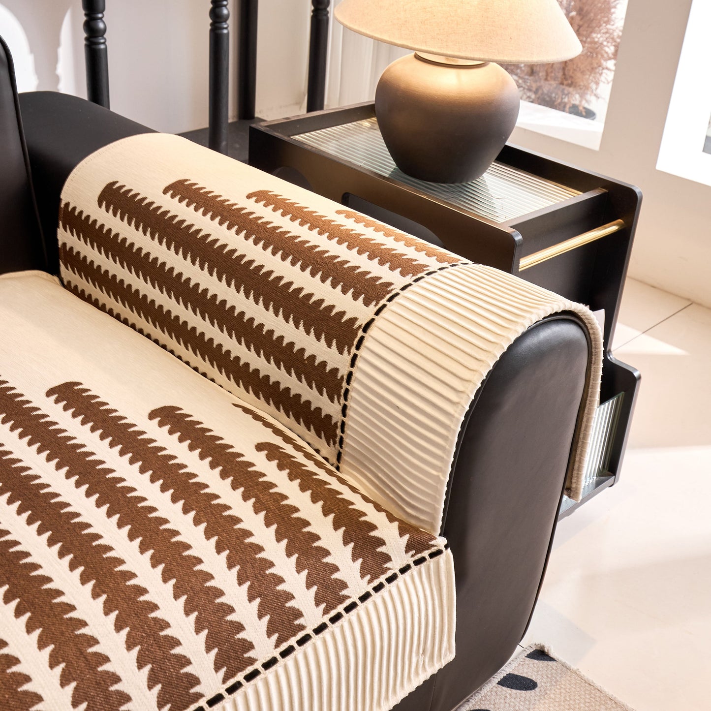 Vertical Stripes Sectional Sofa Cover Slipcover - Non-Slip, Fits L-Shape Couches in geometric pattern with textured chenille fabric.
