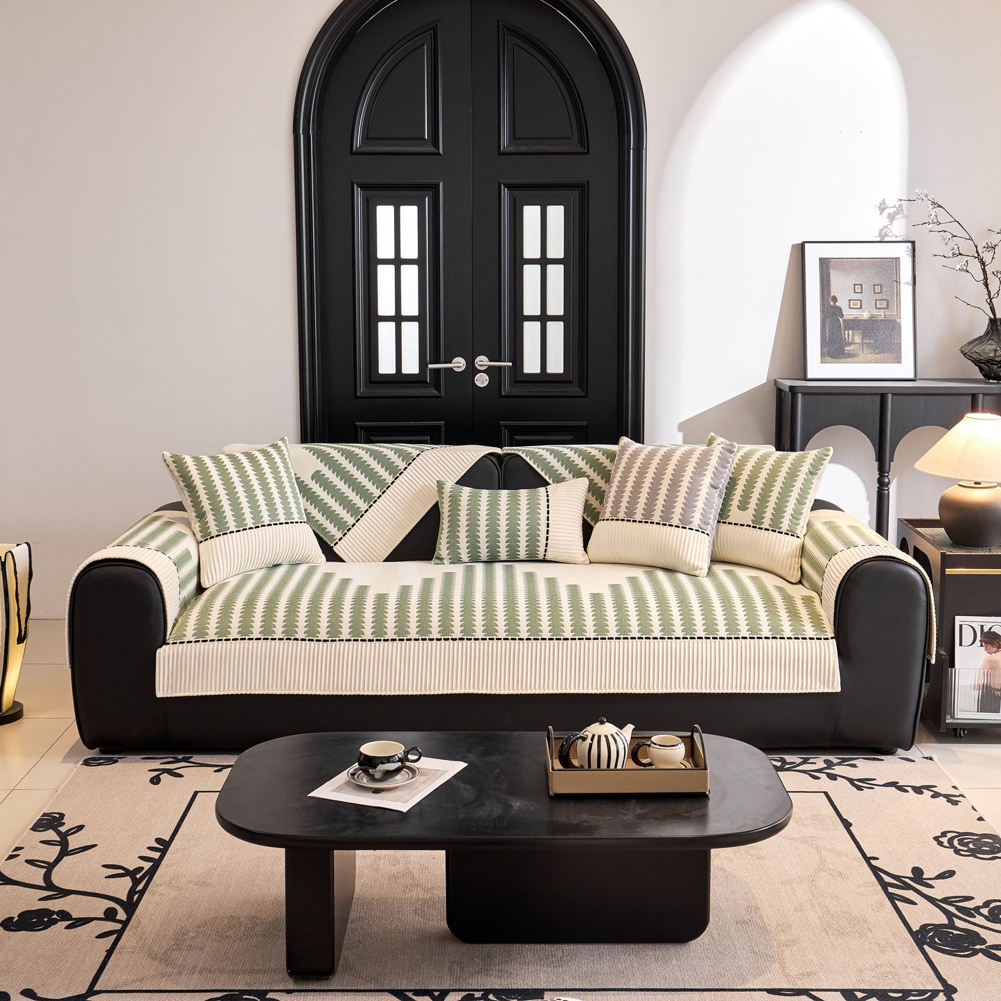 Vertical Stripes Sectional Sofa Cover Slipcover - Non-Slip, Fits L-Shape Couches in modern living room with decorative pieces.