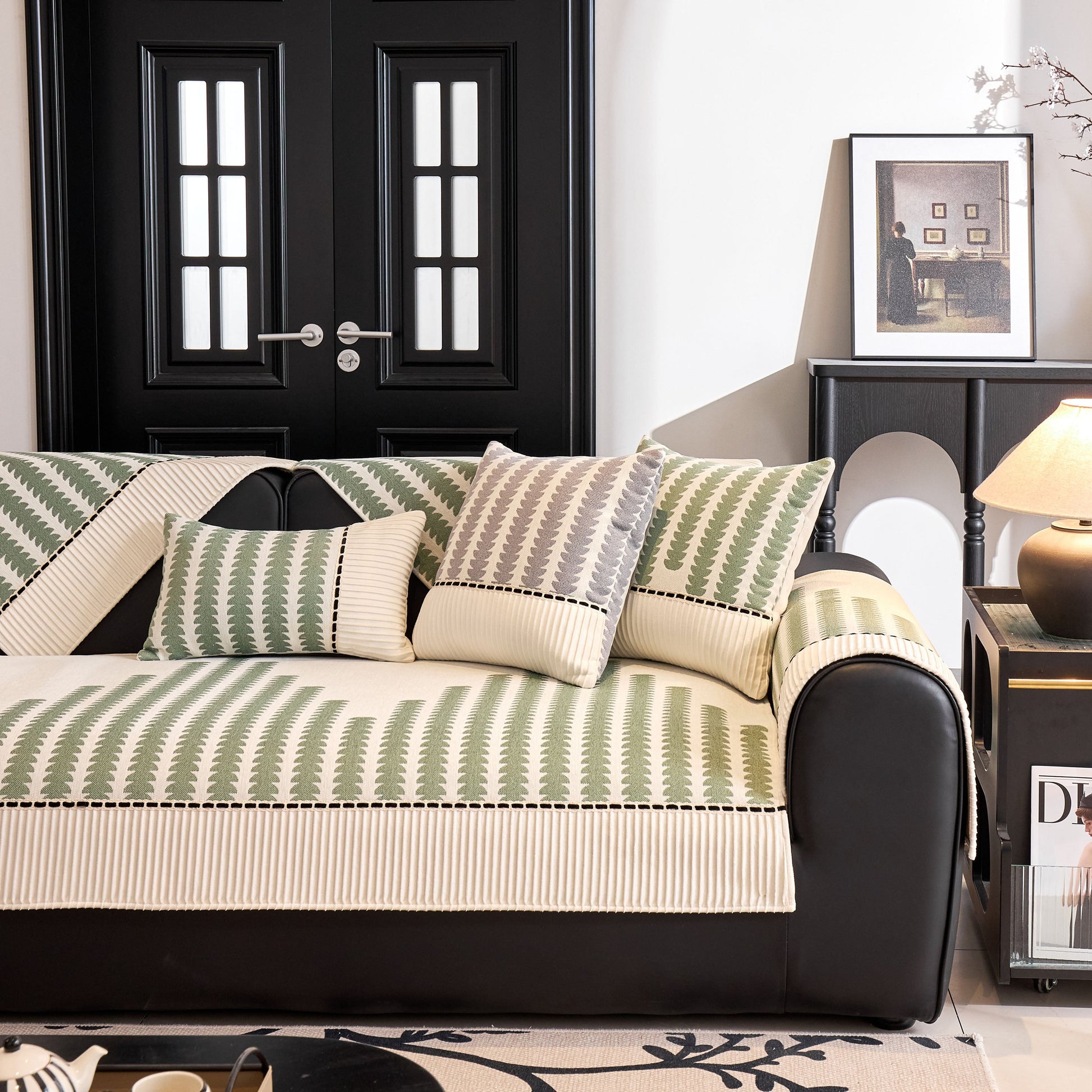 Vertical Stripes Sectional Sofa Cover Slipcover - Non-Slip, Fits L-Shape Couches, featuring geometric pattern and chenille texture