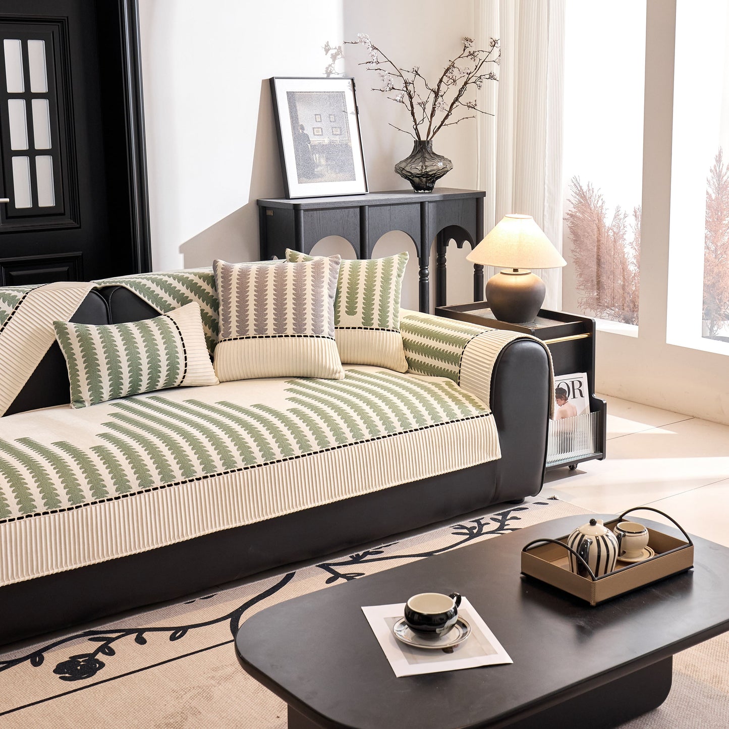 Vertical Stripes Sectional Sofa Cover Slipcover - Non-Slip, Fits L-Shape Couches on modern black sofa in elegant living room.