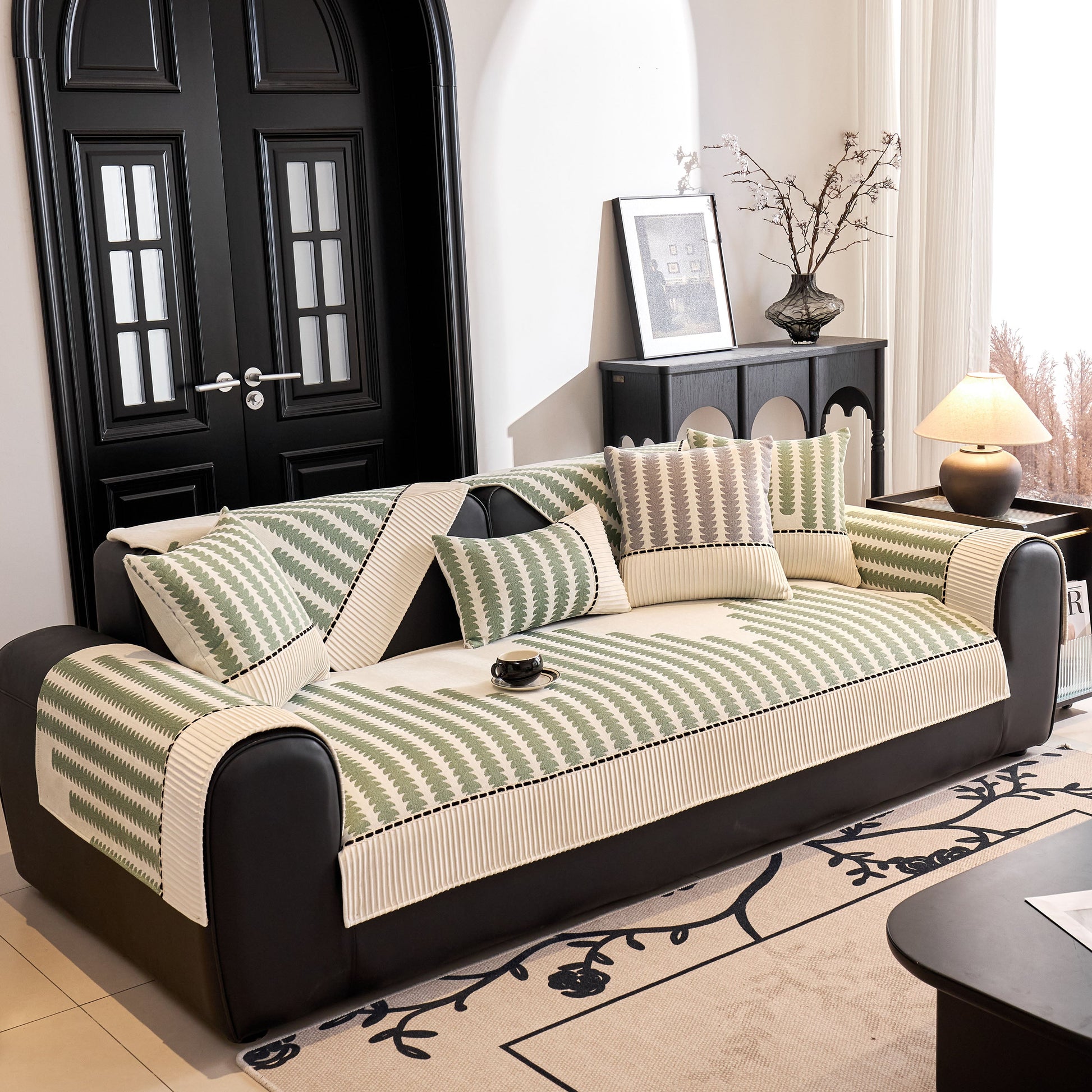 Vertical Stripes Sectional Sofa Cover Slipcover - Non-Slip, Fits L-Shape Couches on modern black sofa in stylish living room
