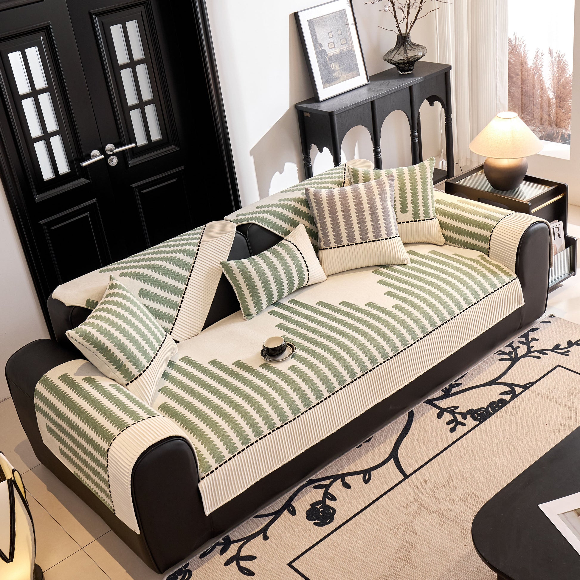 Vertical Stripes Sectional Sofa Cover Slipcover - Non-Slip, Fits L-Shape Couches with geometric pattern in a living room setting