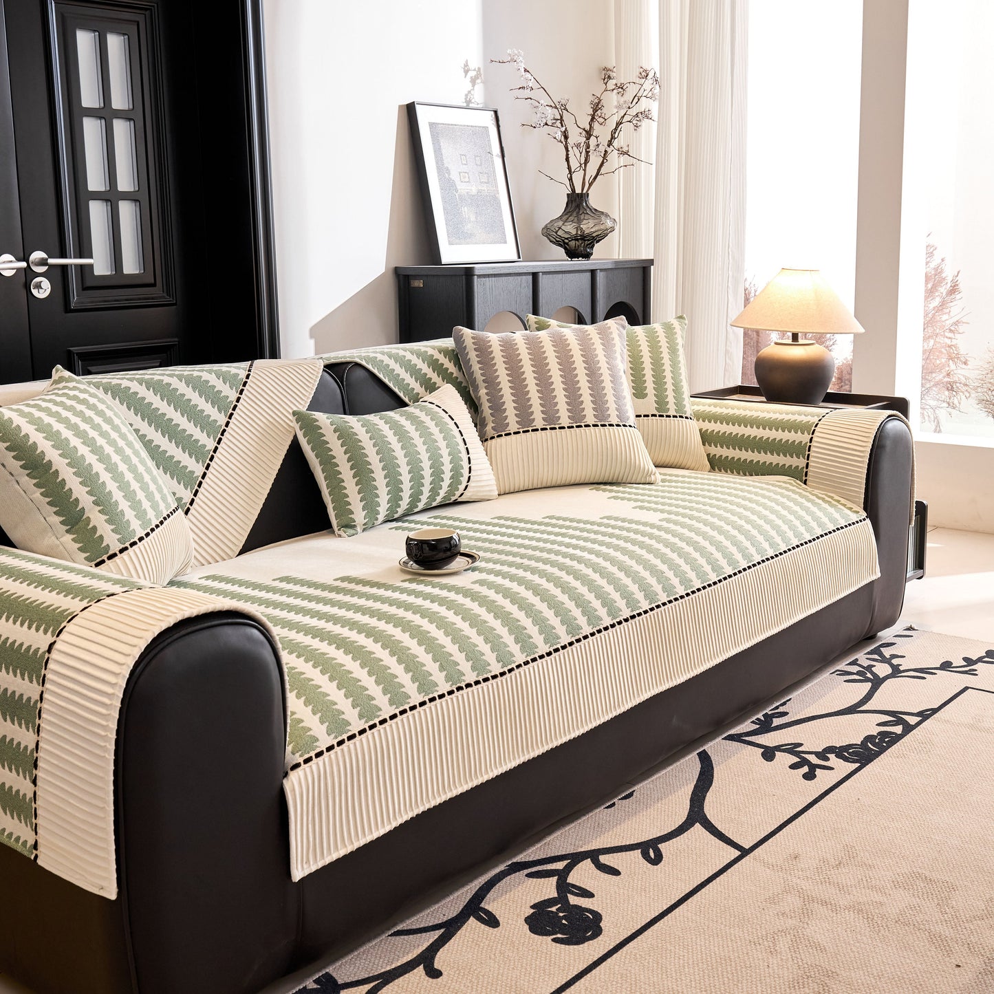 Vertical Stripes Sectional Sofa Cover Slipcover - Non-Slip, Fits L-Shape Couches with chenille fabric and geometric pattern