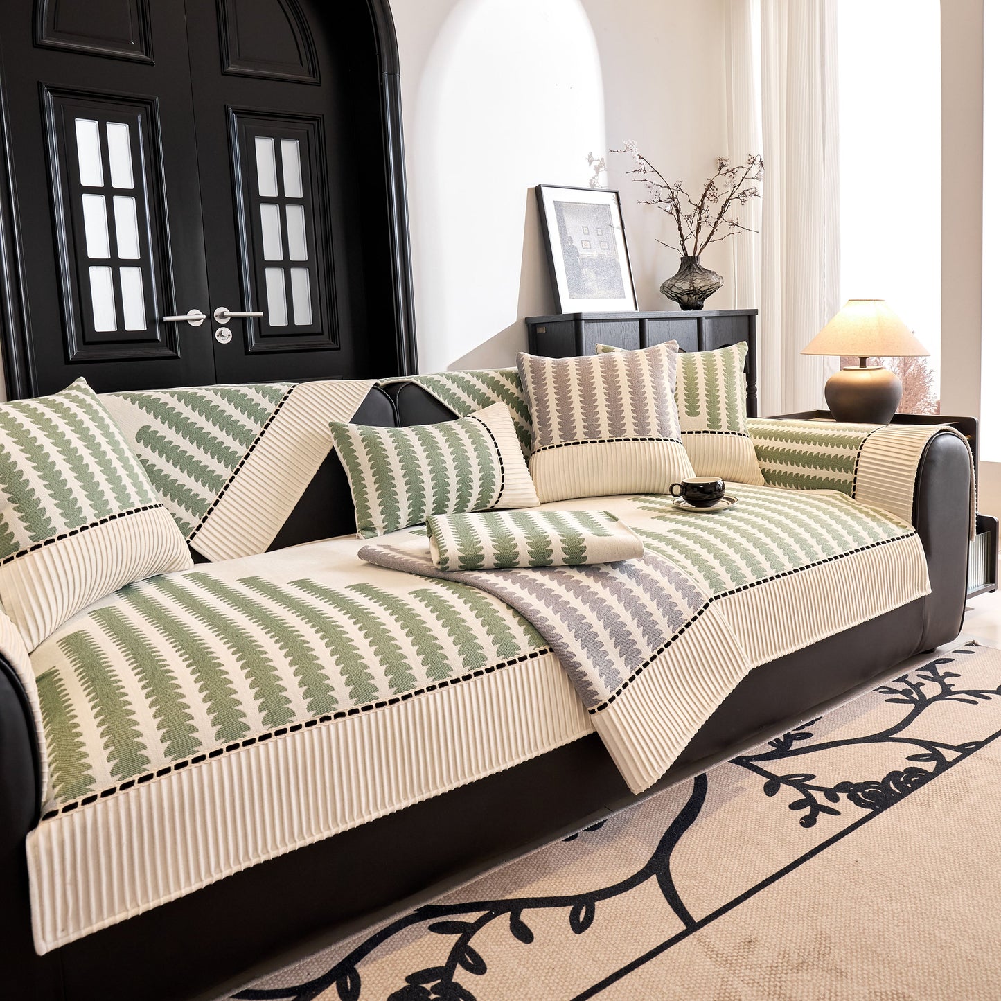 Vertical Stripes Sectional Sofa Cover Slipcover - Non-Slip, Fits L-Shape Couches in modern living room setup.