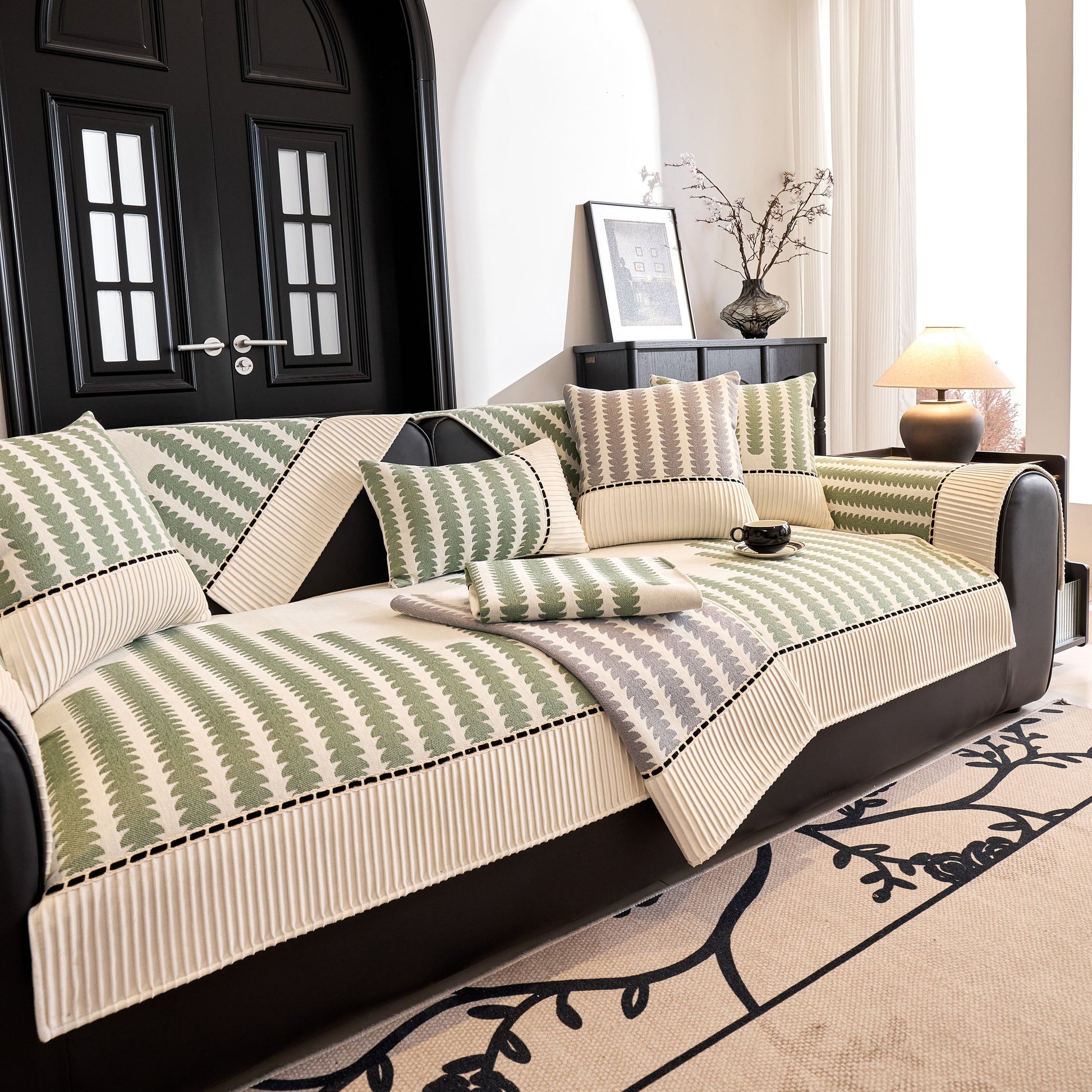 Vertical Stripes Sectional Sofa Cover Slipcover - Non-Slip, Fits L-Shape Couches in modern living room setup.