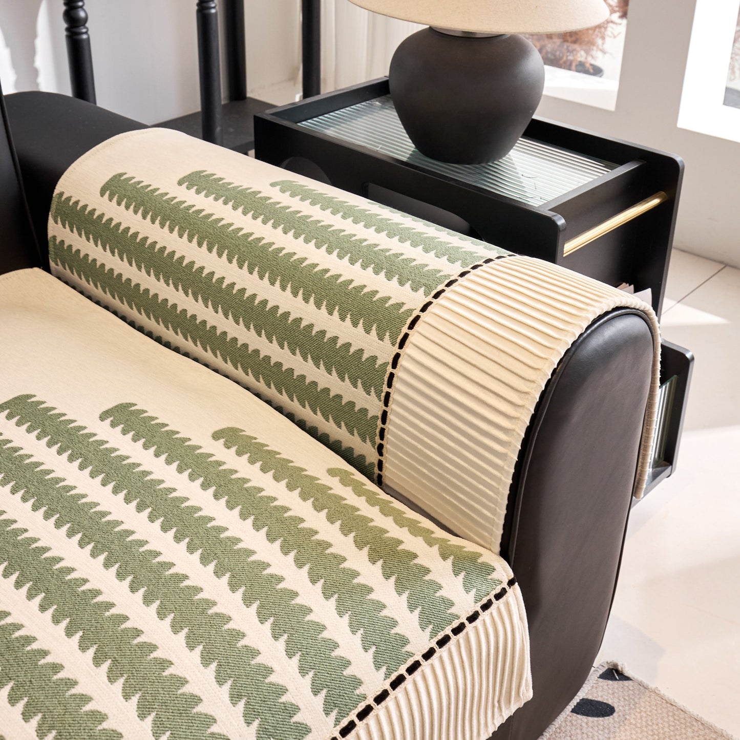 Vertical Stripes Sectional Sofa Cover Slipcover - Non-Slip, Fits L-Shape Couches with modern geometric pattern in living room setting