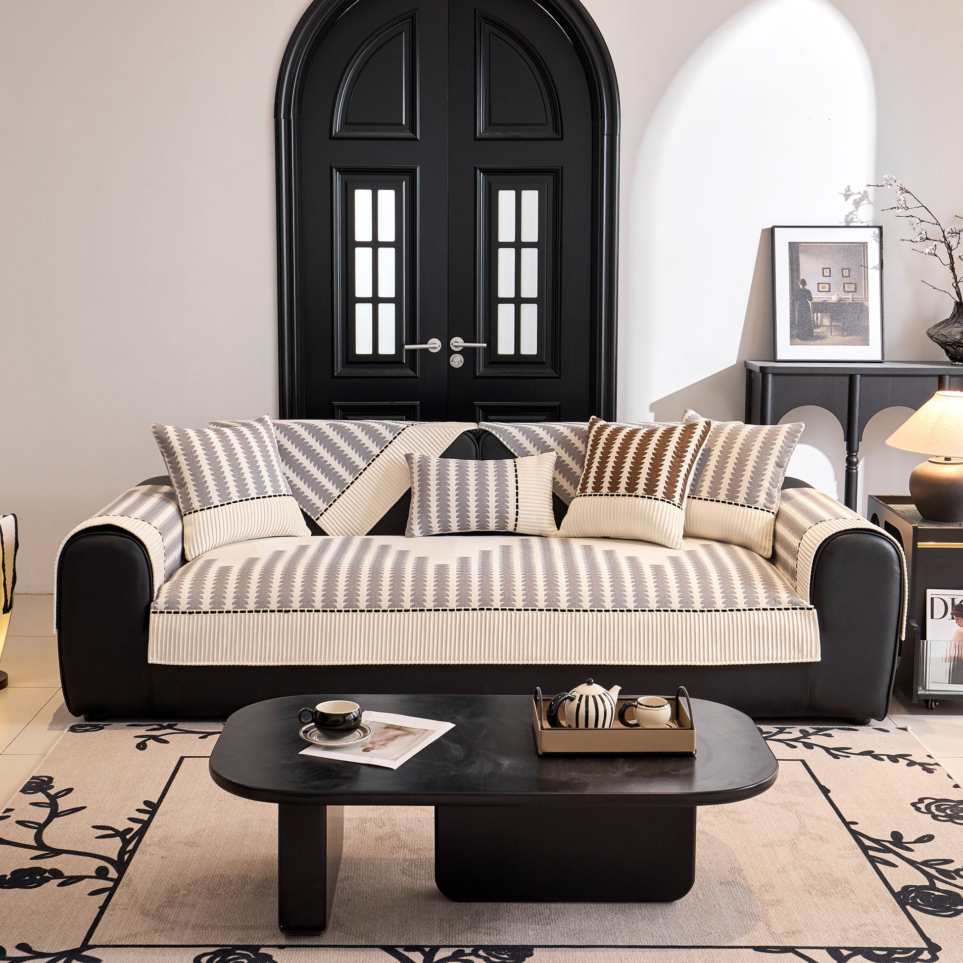Vertical Stripes Sectional Sofa Cover Slipcover - Non-Slip, Fits L-Shape Couches in a modern living room setting.